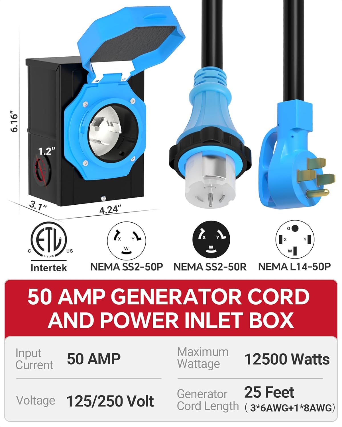 Marsflex 50 Amp Generator Cord and Power Inlet Box, 25FT 50 Amp Generator Cord, NEMA 14-50P / SS2-50R, for 125/250 Volt 12500 Watts, Weatherproof Outdoor Use with LED Power Indicator, ETL Listed