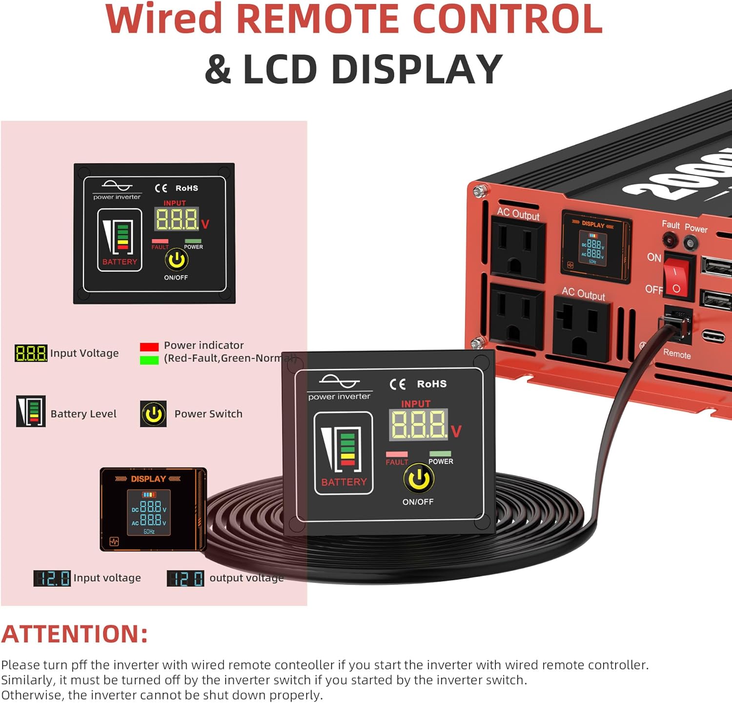 2000W Pure Sine Wave Inverter, Car Power Inverter 12V to 120V AC Converter for RV, Truck, Solar, Outdoor with Dual AC and 20A Socket, 18W+30W USB, PD60W, Surge 4000W, Remote Control(2000W-12V)