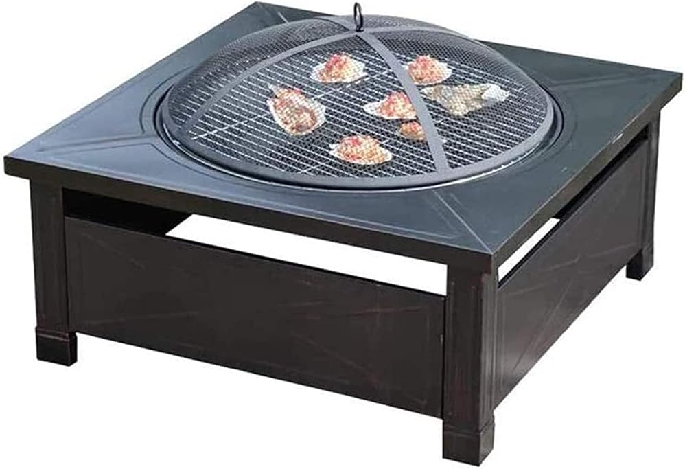 BBQ Grill Outdoor Fire Pits Outdoor Wood Burning Outdoor Fire Pit Metal Square Firepit Patio Stove Wood Burning BBQ Grill Fire Pit Bowl with Spark Screen Cover, Log Grate with Cover BBQ Cooking for Ou