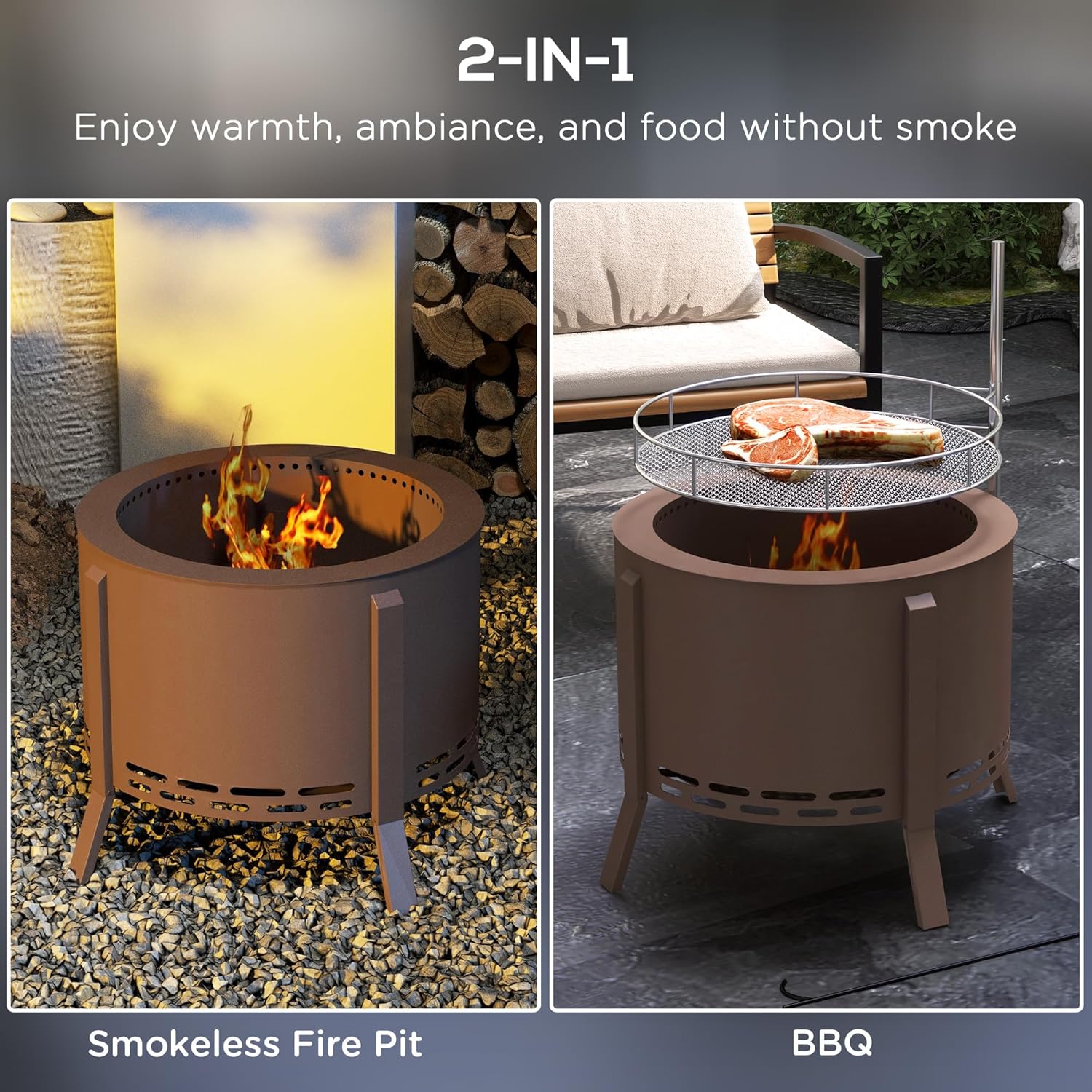 2-in-1 Smokeless Fire Pit, BBQ Grill, 19
