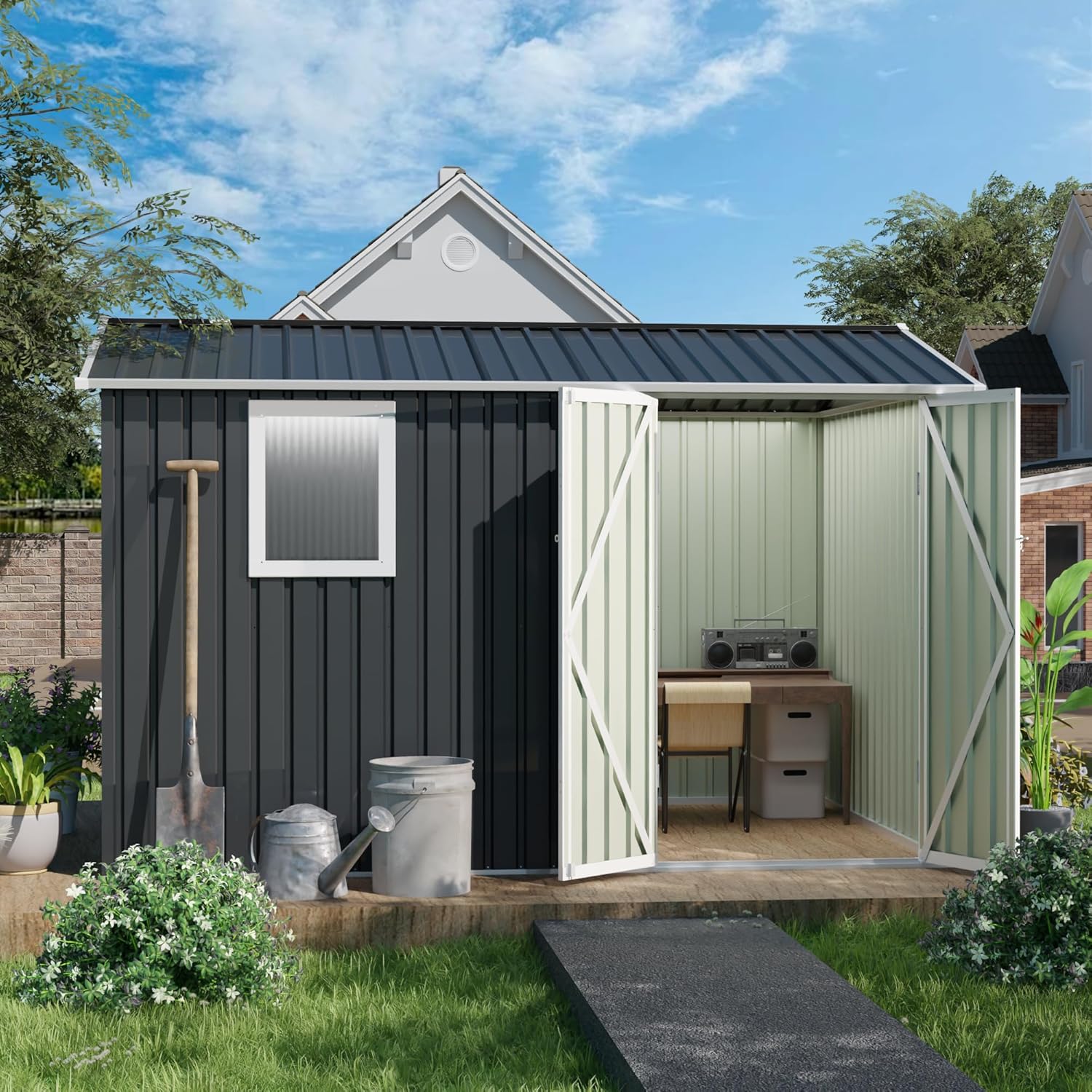 9×6 FT Metal Garden Shed with Window, Heavy-Duty Outdoor Storage Shed for Patio, Backyard & Tools, Waterproof Galvanized Steel Utility House for Bikes, Equipment & Lawn Supplies, Grey