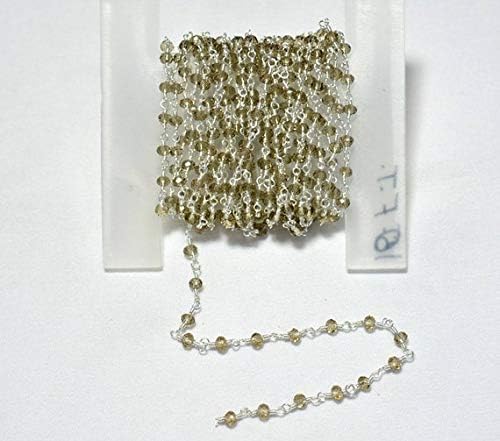 wire wrapped rosary style beaded chain, 10 feet smoky quartz wire wrapped rondelle beads, chain by the foot, 925 silver plated