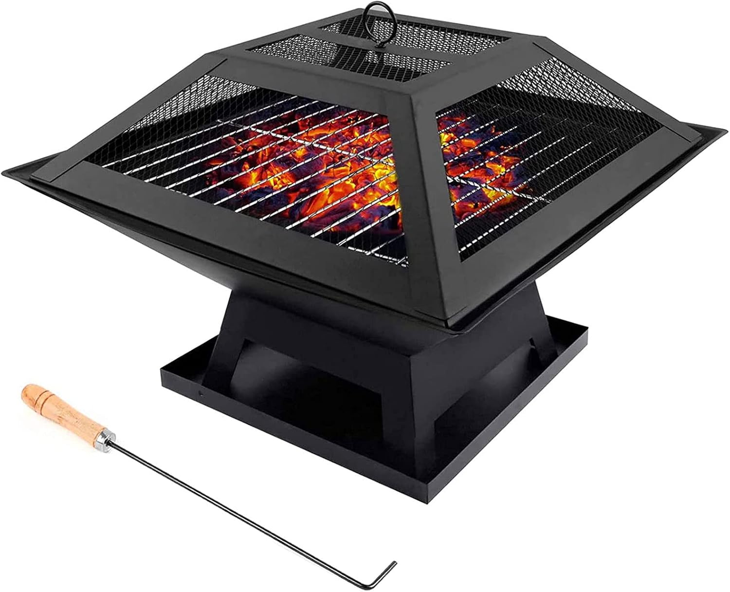 Fire Pit Wood Burning Fire Pit with Cooking & Grill, 18.5 Inch Outdoor BBQ Fire Pits with Spark Screen Fireplace Poker Fire Bowl