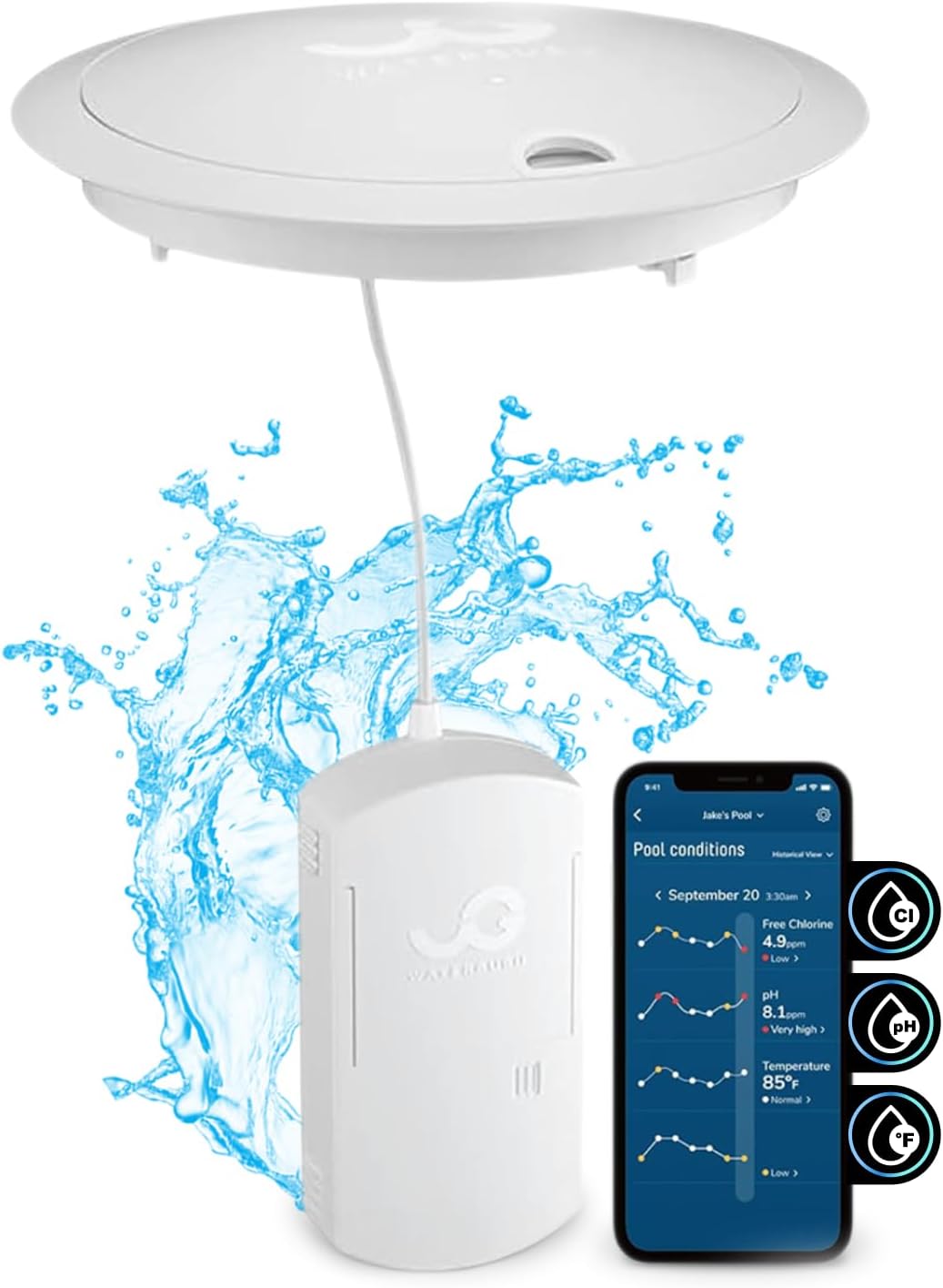 WaterGuru Sense S2 Smart Pool Monitor – Digital Pool & Spa Water Tester for Chlorine, pH, CYA & Alkalinity – Wi-Fi Enabled – Includes C5 Cassette, Float Ring & Batteries