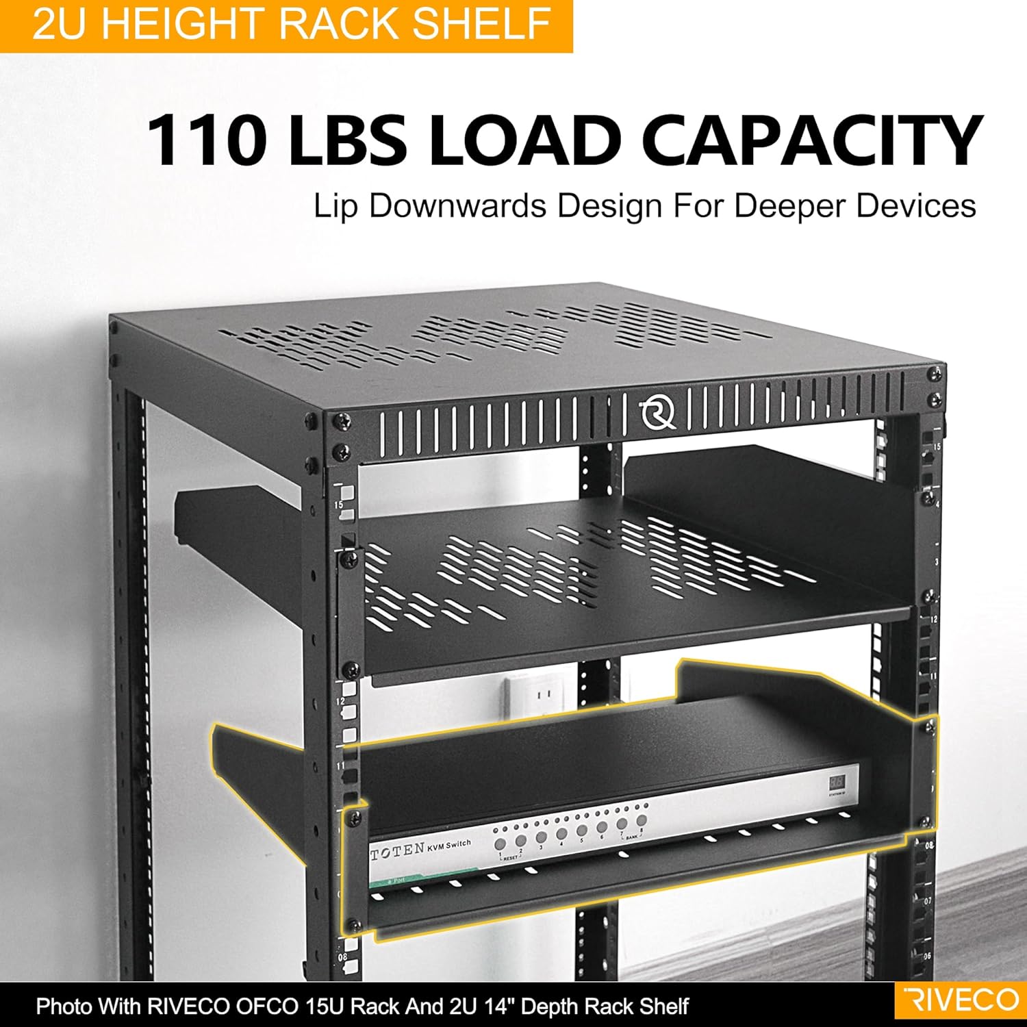 RIVECO 2 PCS 2U Rack Shelves 14 Inch Depth, Rack Mount Vented Cantilevers for Server 19