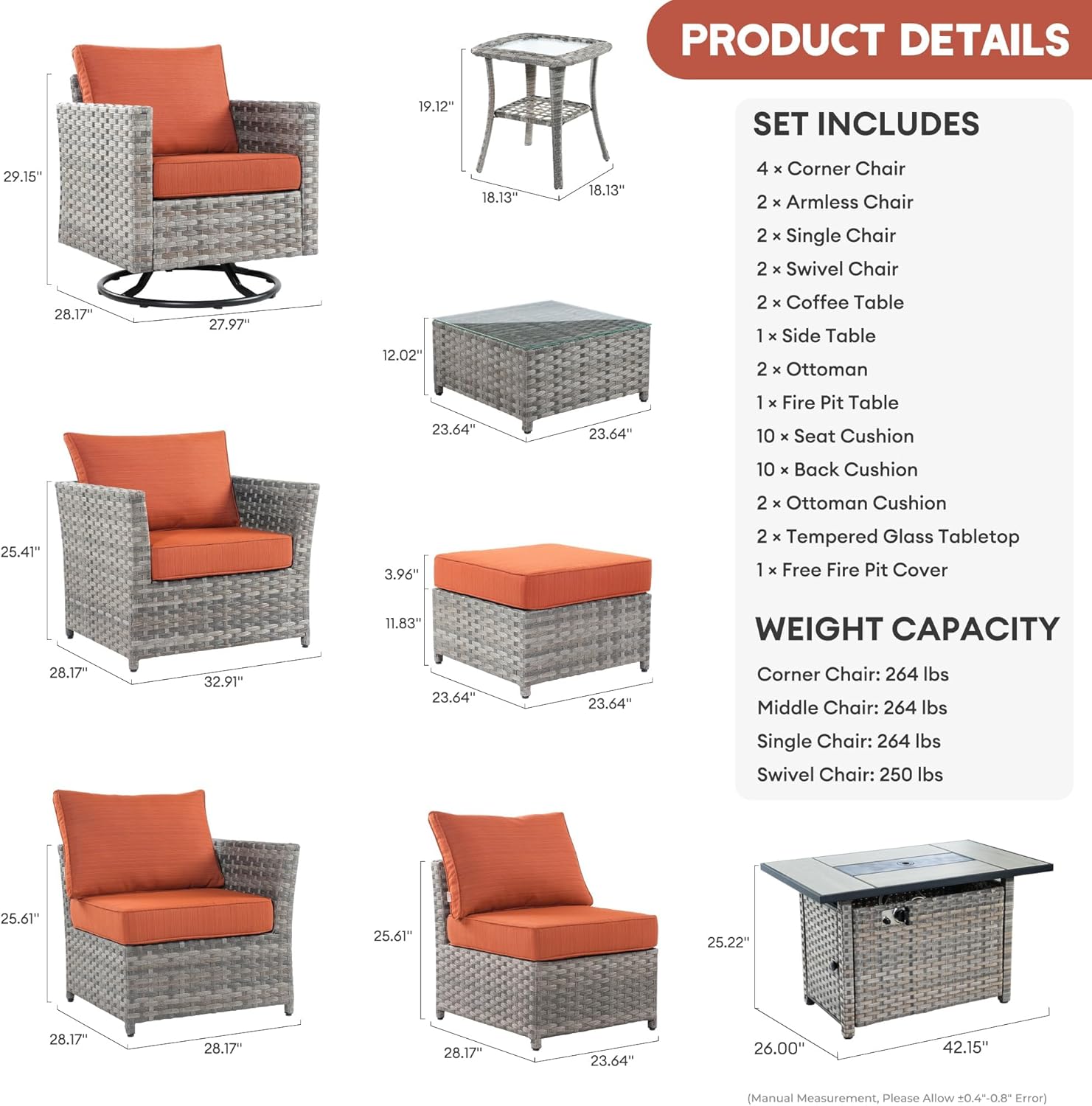 Weaxty Patio Furniture Set 16 Pieces No-Assembly Patio Sectional Furniture Sets with 42