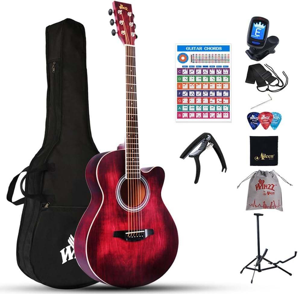 Winzz 40 Inches Acoustic Steel-string Guitar Beginner for Adults Students, Elegant Unique Color Design (Red)