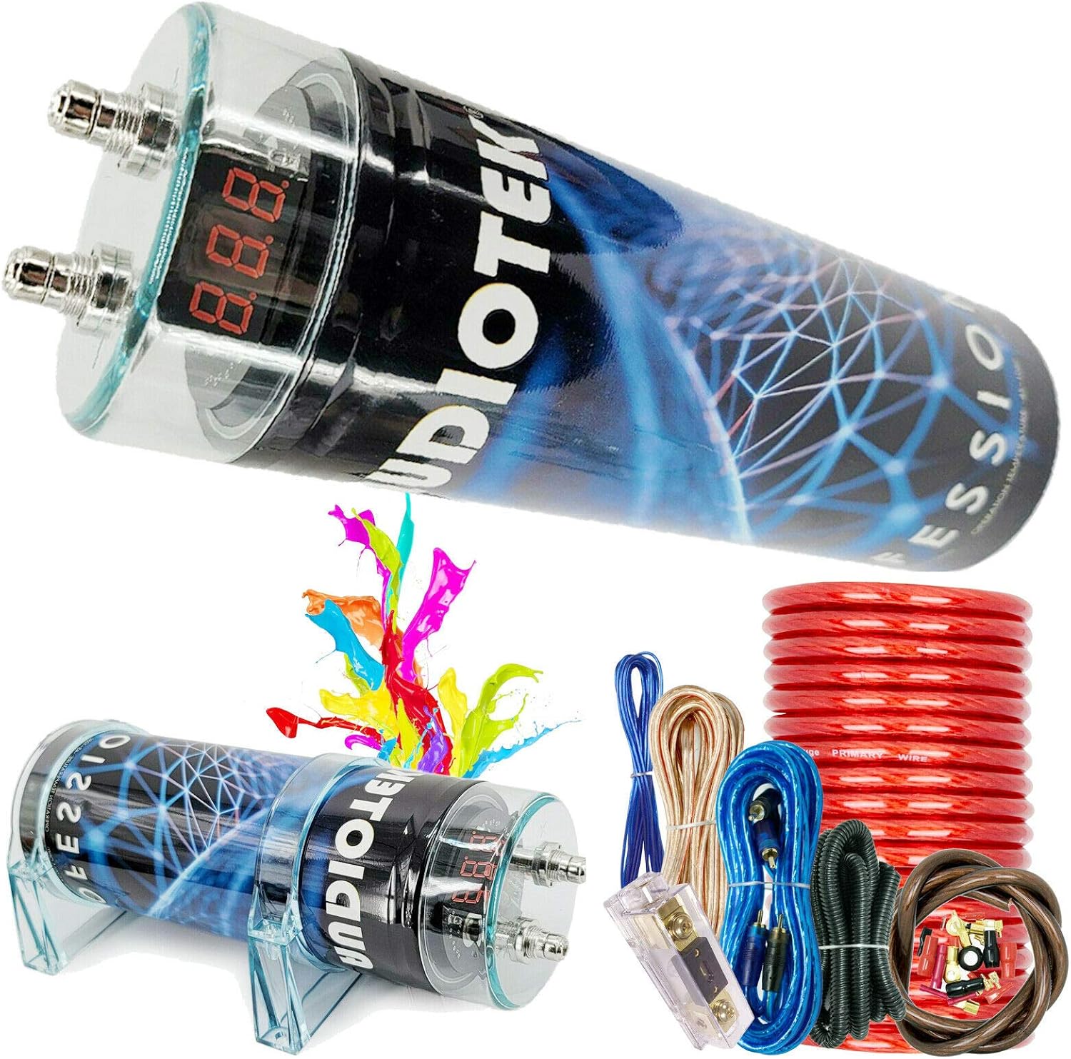 Audiotek at-3.5 Farad Capacitor with Car Audio 3500 Watts Power 12V Car Digital Power and Audiotek Complete BCC4AR 4 Gauge Amplifier Installation Wiring Kit Red