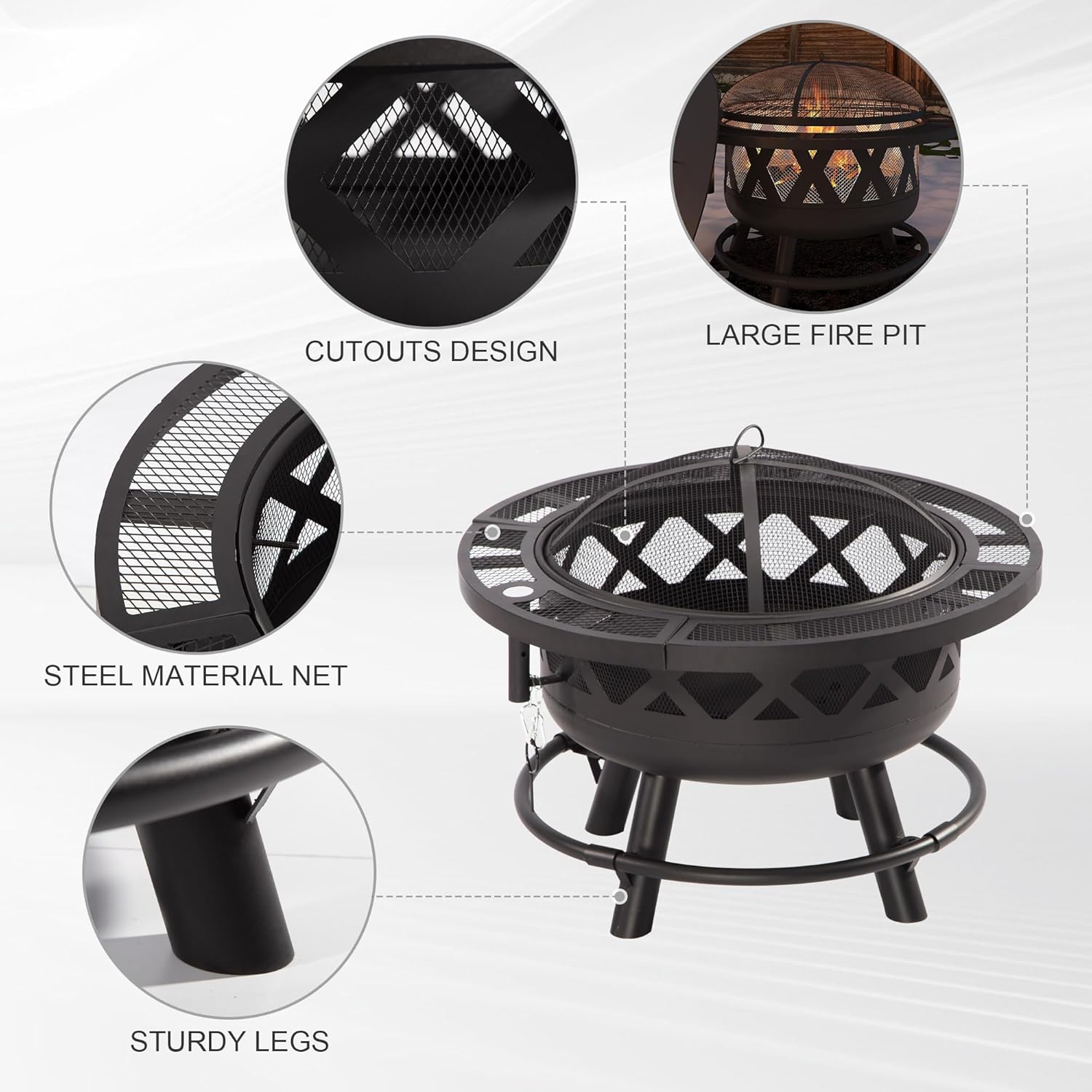 Outdoor Fire Pit with Cooking Grate, Wood Burning Fire Pit Portable for Camping, Patio, Deck or Backyard