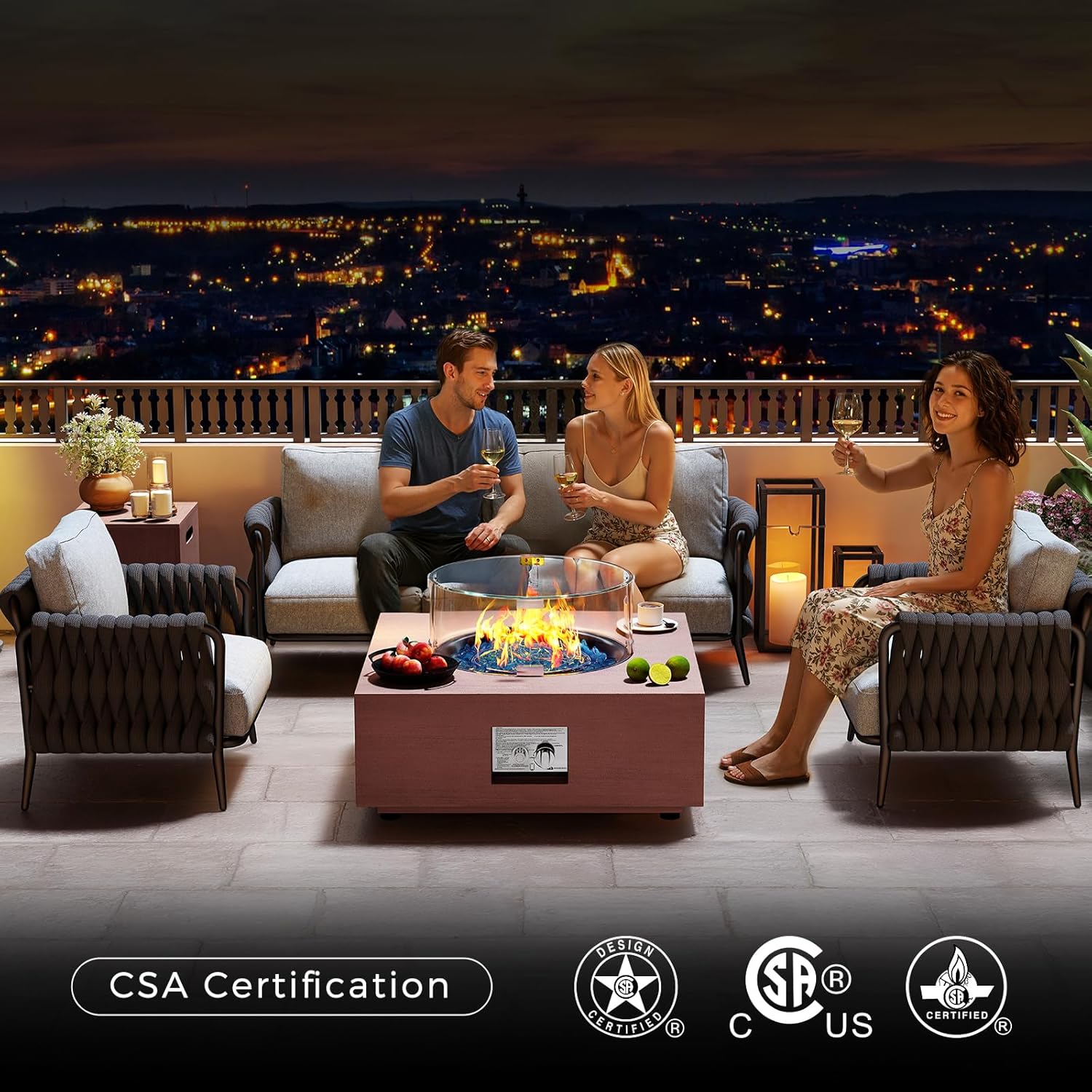 28 Inch Fire Pit Table Propane Fire Pit 40,000 BTU Gas Fire Pits 2-Piece With Tank Table Wind Guard Glass Rocks Protective Cover For Outside Patio Outdoor Backyard Deck Balcony, CSA Certified