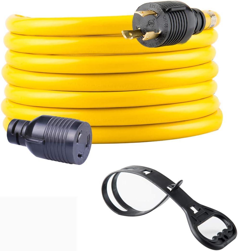 50FT Heavy Duty 3 Prong Generator Locking Power Cord NEMA L5-30P/L5-30R,10 Gauge SJTW Cable, 125V 30Amp Yellow Generator Lock Extension Cord with UL Listed…