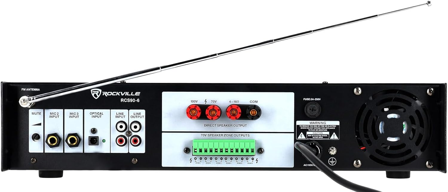 Rockville RCS90-6 90 Watt 6 Zone 70V/100V Commercial Amplifier Receiver, Bluetooth, 3 Mic Inputs, USB/SD, Rack Mount, for Restaurants, Bars, Cafes, Schools, Lounges, and Offices.