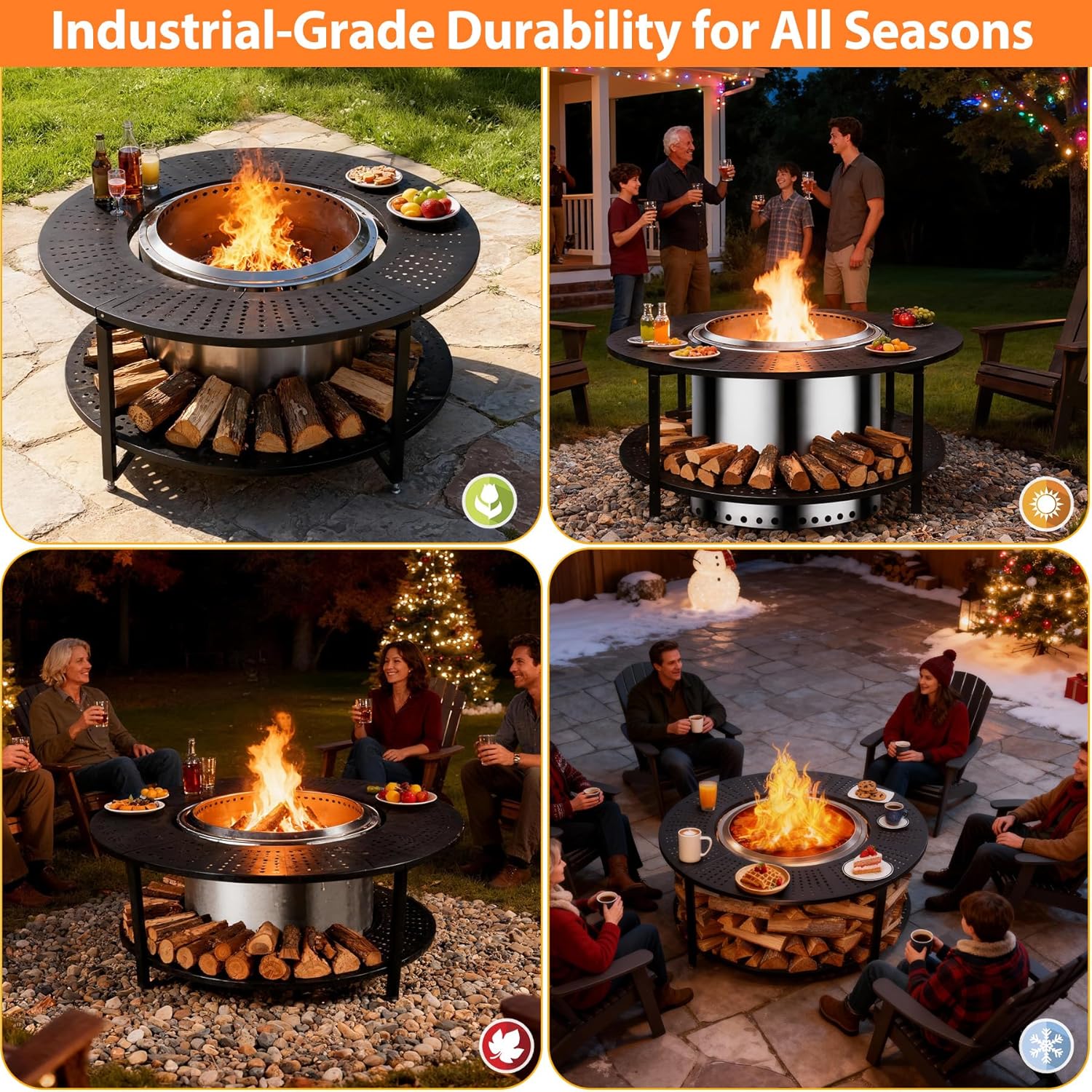 48.5 Inch Universal Fire Pit Surround Tabletop for Solo Stove Yukon & Tiki 27.5, Outdoor Patio Stand with Firewood Storage Shelf, Heavy Duty Steel, 200LB Capacity