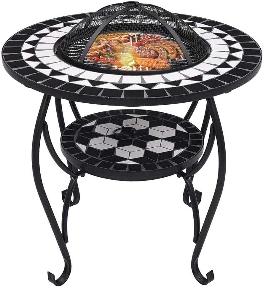 Fire Pit Table with BBQ Grill Shelf,4 in 1 Round Firepit for Barbecue,Heater,Ice Pit,Metal Brazier Coffee Table for Backyard,Camping,Picnic,Bonfire,Garden