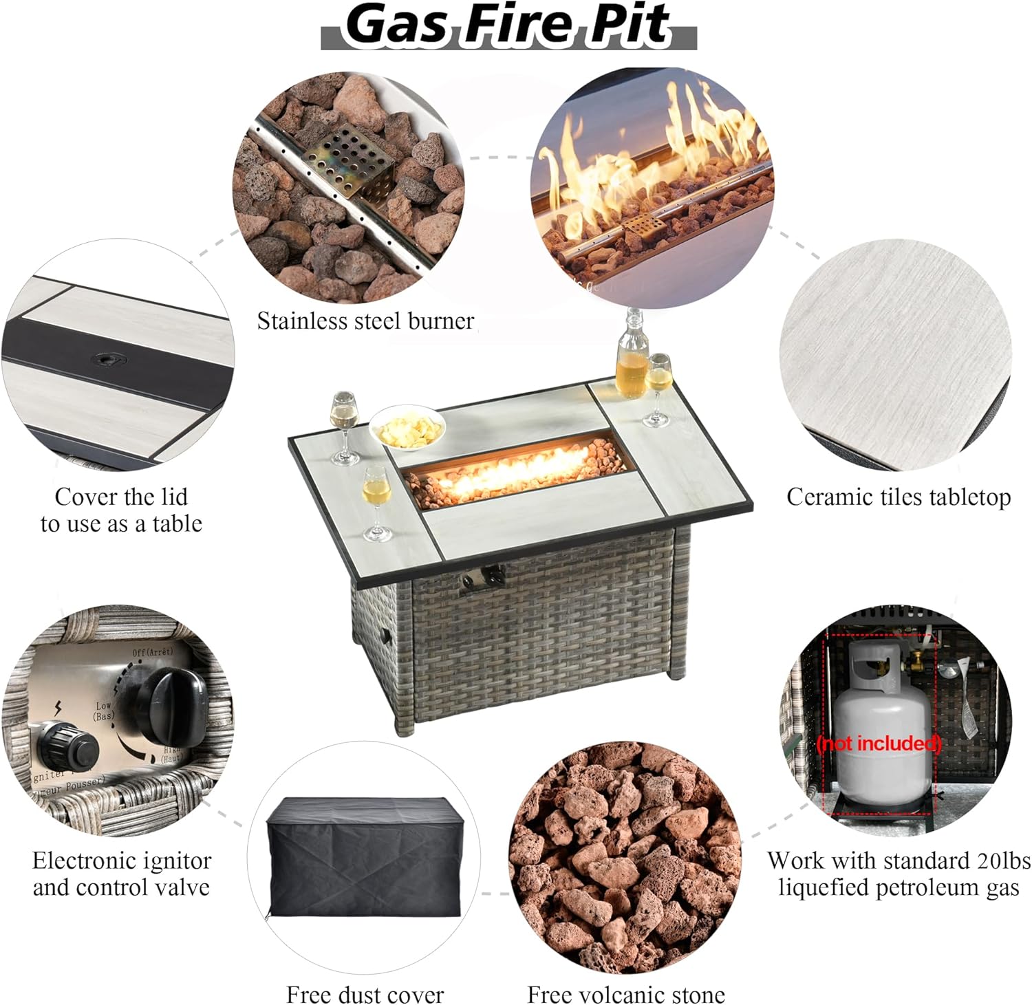 HOOOWOOO Rectangular Outdoor Fire Table 50,000 BTU Propane Patio Fire Pit Table Outside Firepit for Matching Wicker Patio Conversation Set