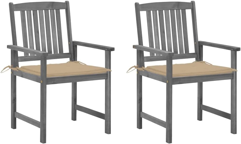 Patio Chairs with Cushions 2 pcs Gray Solid Acacia Wood,Rustic Acacia Wood Slatted Patio Chairs with Beige Cushions Set of 2 Outdoor Furniture, Outdoor Chairs