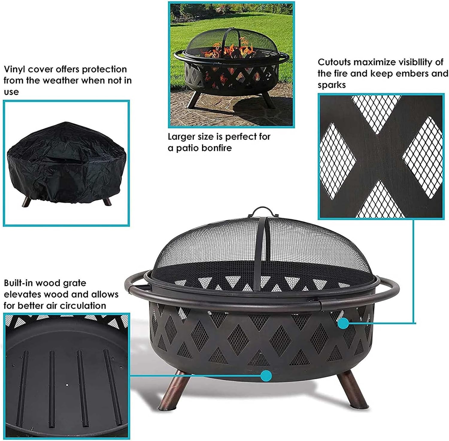 36 Inch Outdoor Fire Pit, Large Portable Wood Burning Firebowl with Cooking BBQ Area, Grill Grate for Garden Beach Camping