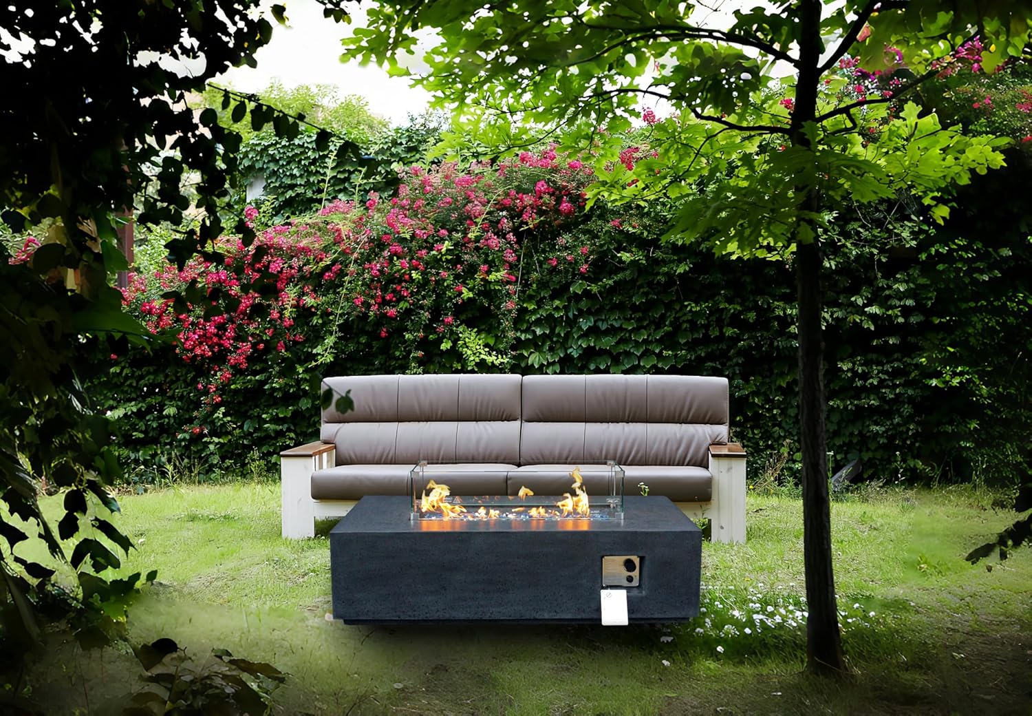 52 Inches Outdoor Concrete Propane Fire Pit Table – Dark Gray & Black Rectangle Design for Patio, Living Room with 1 Door (Black + Gray) (1 Doors)