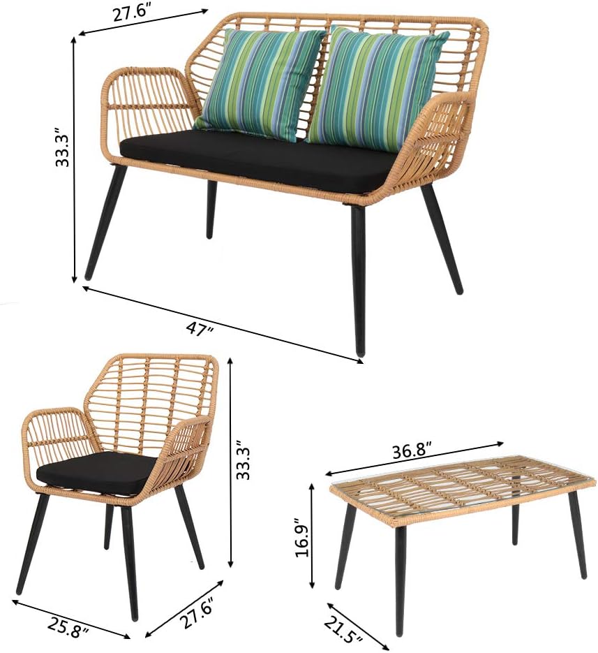 Rattan Garden Furniture 4 Piece Set, Patio Outdoor Conservatory Wicker Chairs Set includes 1 Double seat Sofa, 2 Armchairs and Glass Top Side Table
