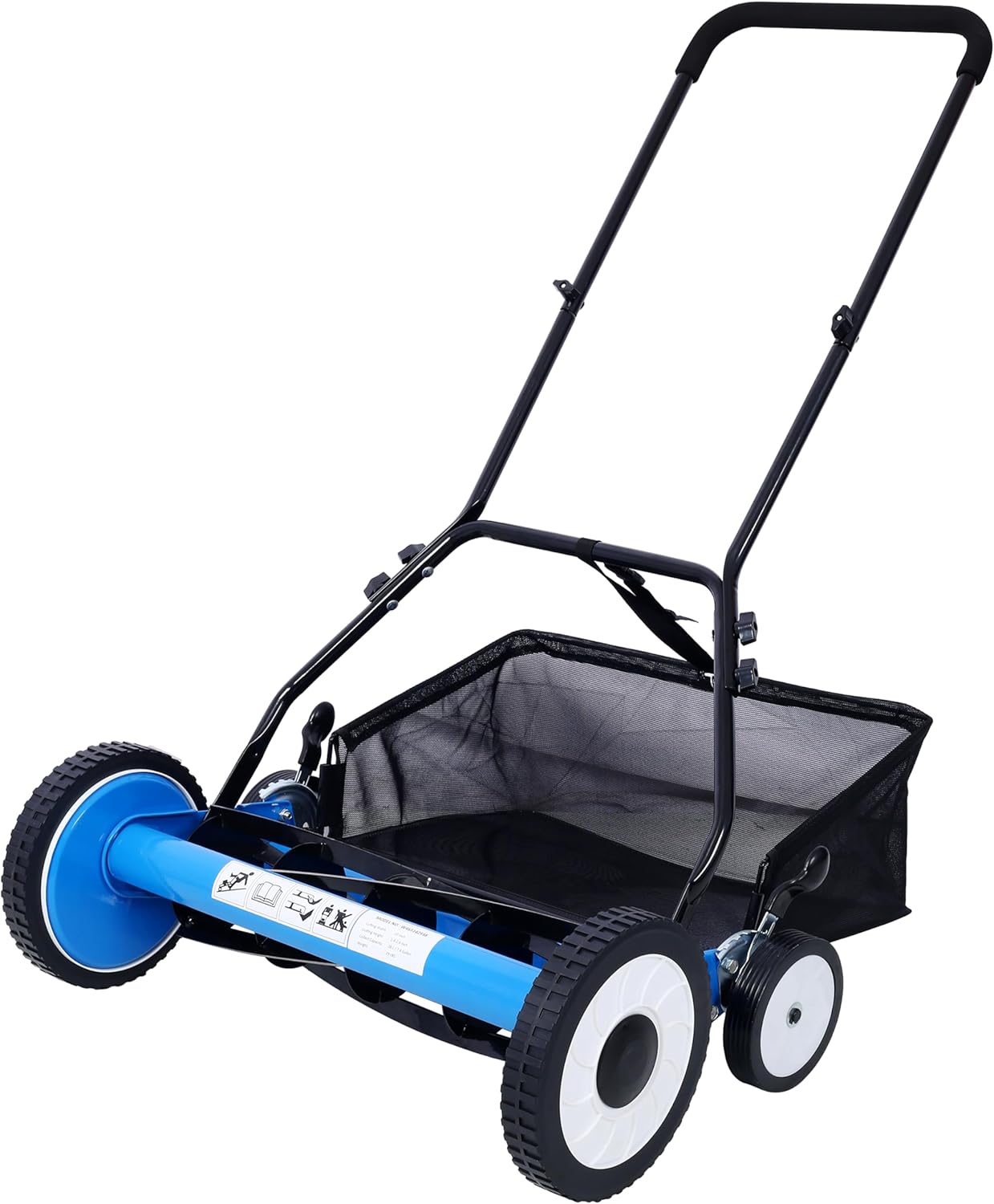 20-Inch 5-Blade Push Reel Lawn Mower with Grass Catcher, Manual Hand Lawn Mower with Adjustable Cutting Height, 4-Wheel Steel Frame, Blue