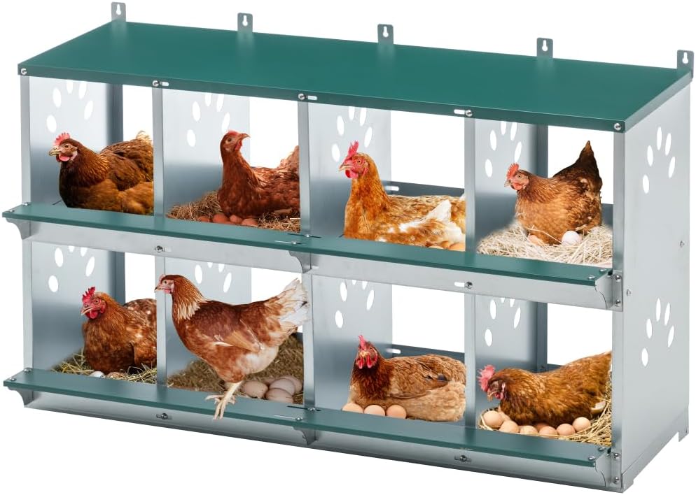 4-Compartment Metal Chicken Nesting Box for Hens, Wall-Mounted Egg Laying Coop with Sloped Roof and Ventilation Design (8-Hole,Green)