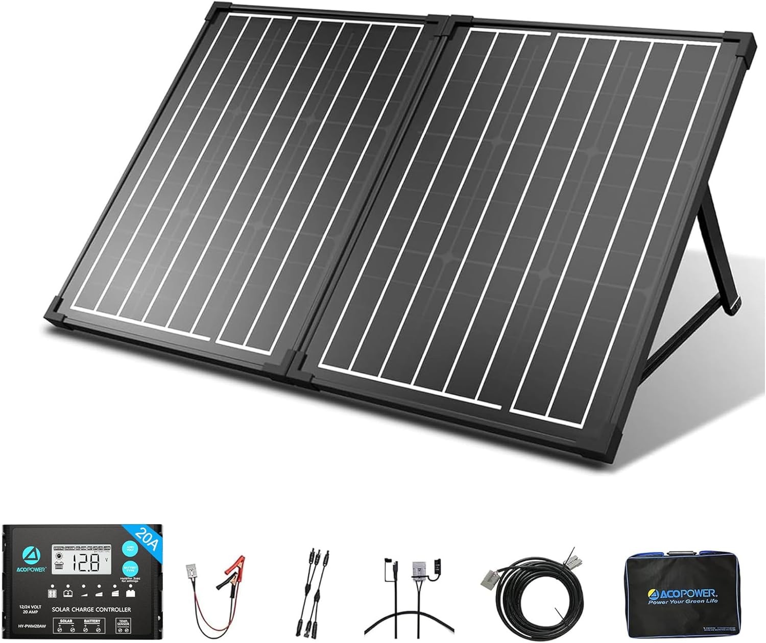 ACOPOWER 100Watt 12 Volt Portable Solar Panel with Waterproof 20A Charger Controller,20ft Extension Cable, SAE Adapter Anderson Connector,Foldable Solar Panel Kit Monocrystalline for Camping, RV