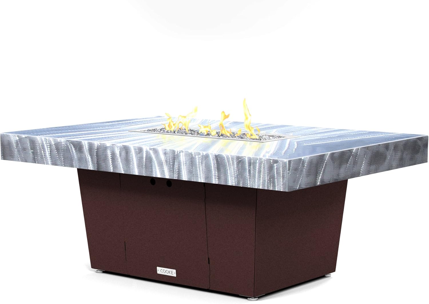 COOKE Palisades Rectangular Fire Pit Table - 52x36 - Chat Height - Propane - Brushed Aluminum Powdercoat Top with 6cm Edge - Dark Cherry Powdercoat Base