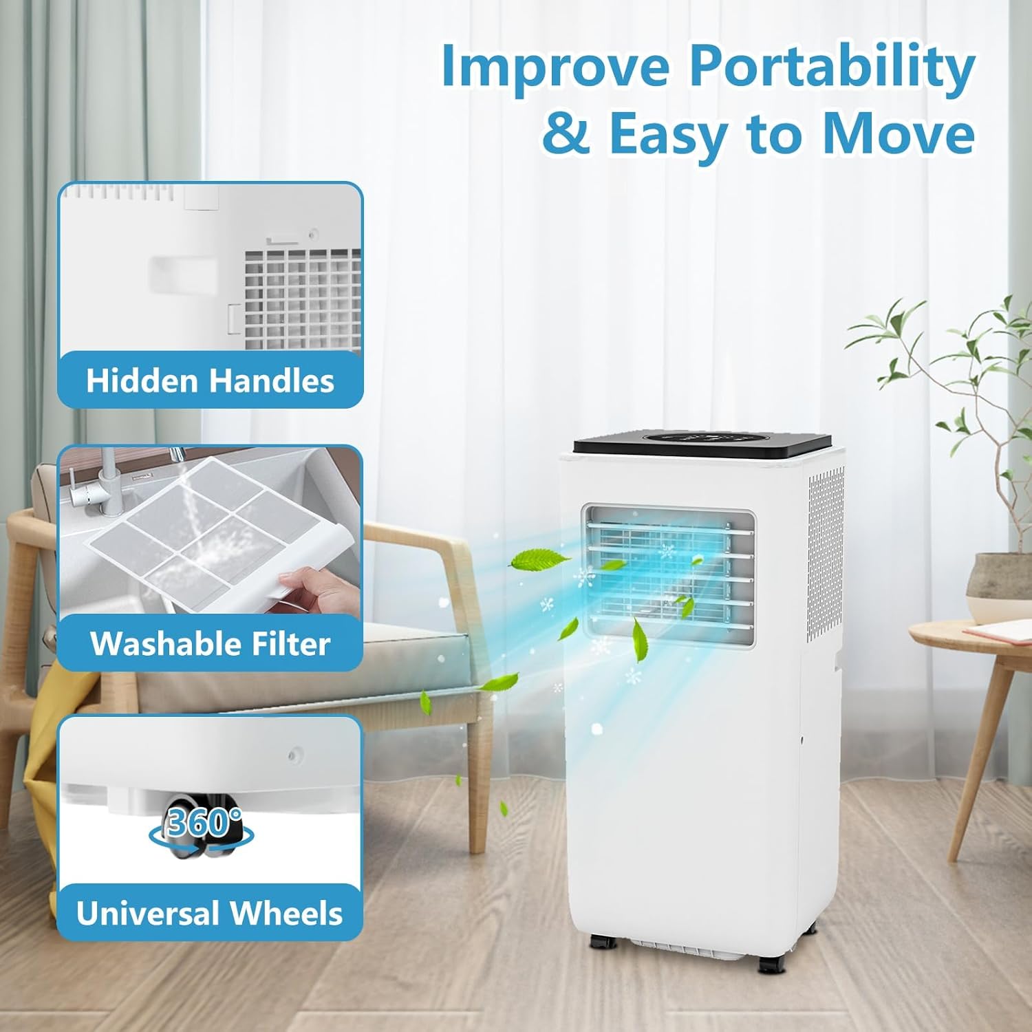 Portable Air Conditioner, 3-In-1 Standing Air Conditioner, 8000 BTU, Floor AC Unit For Room Up to 300 Sq. Ft, Portable AC with Remote Control For Bedroom and Office