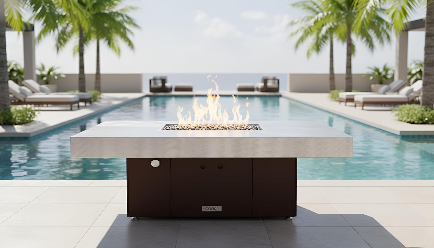 COOKE Santa Barbara Rectangular Fire Pit Table - 48 x 36 - Propane - Brushed Aluminum Top - Dark Cherry Powdercoat Base