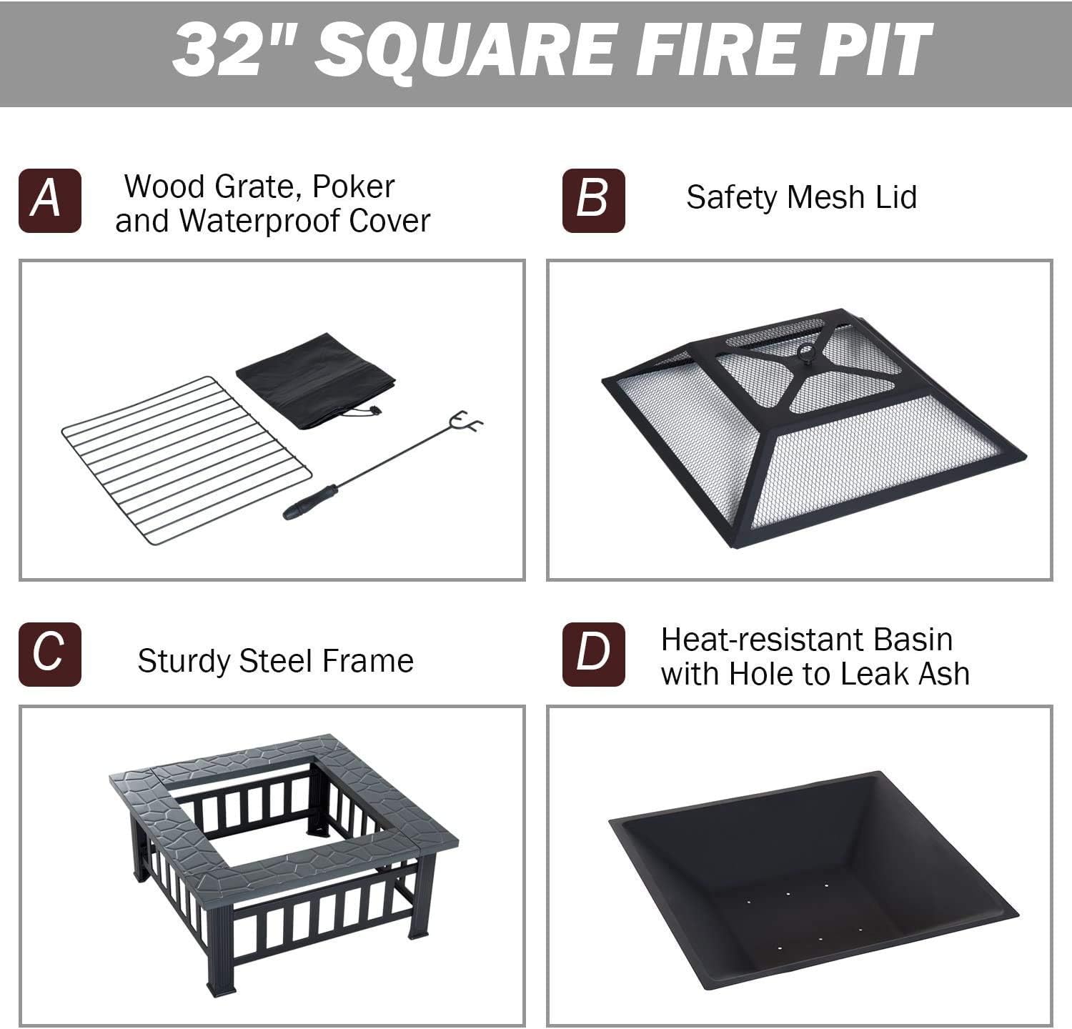 Fire Pit BBQ Grill, Outdoor Square Metal Firepit, Garden Fire Pits,Fireplace Garden Stove BBQ Fire Pit Charcoal Rack with Mesh Cover,Outdoor Fire Pits