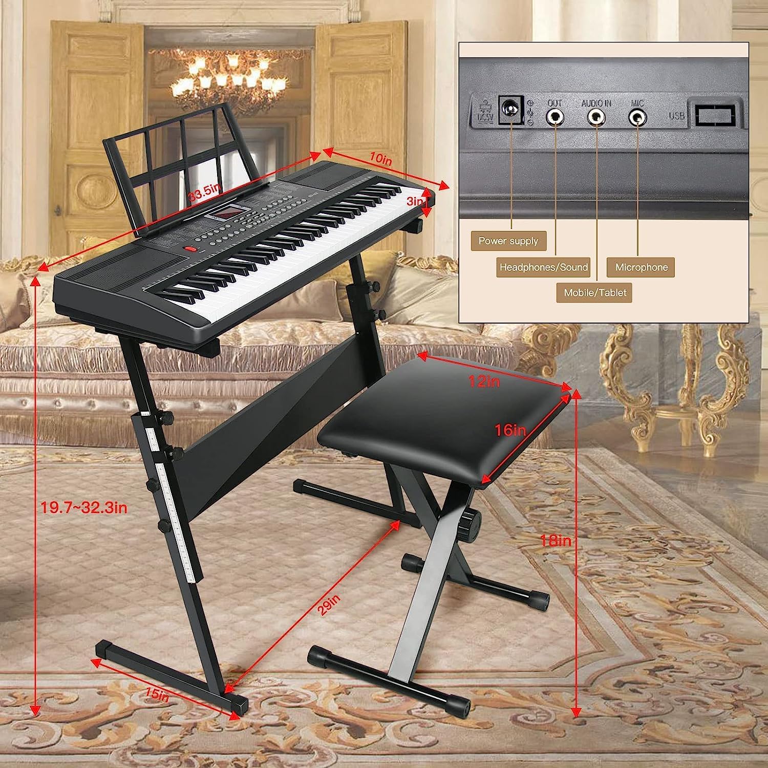 Keyboard Piano 61 Key Electric Piano Keyboard for Beginners/Professional, Portable Light Up Music Keyboard Built-in Dual Speakers with LED Display, Music Stand, Stand, Microphone, Bench (A)
