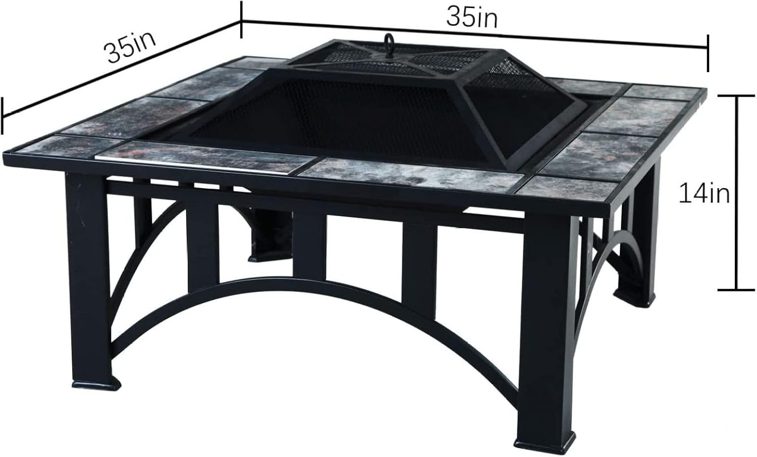 35 Inch Outdoor Patio Fire Pit Table, Wood Burning Square Marble Tile Top, Durable Alloy Steel Fire Table for Backyard, Garden, and Outdoor Gatherings