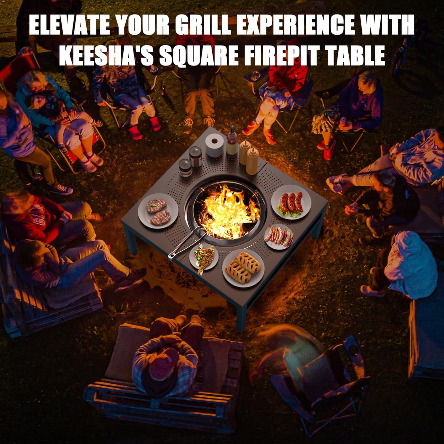 45'' Fire Pit Surround Tabletop for Solo Stove Yukon, Bonfire and Ranger Wood Burning, Outdoor Powder-Coated Square Fire Pit Table with Dust Cover, Outdoor Smokeless Fire Pit Table