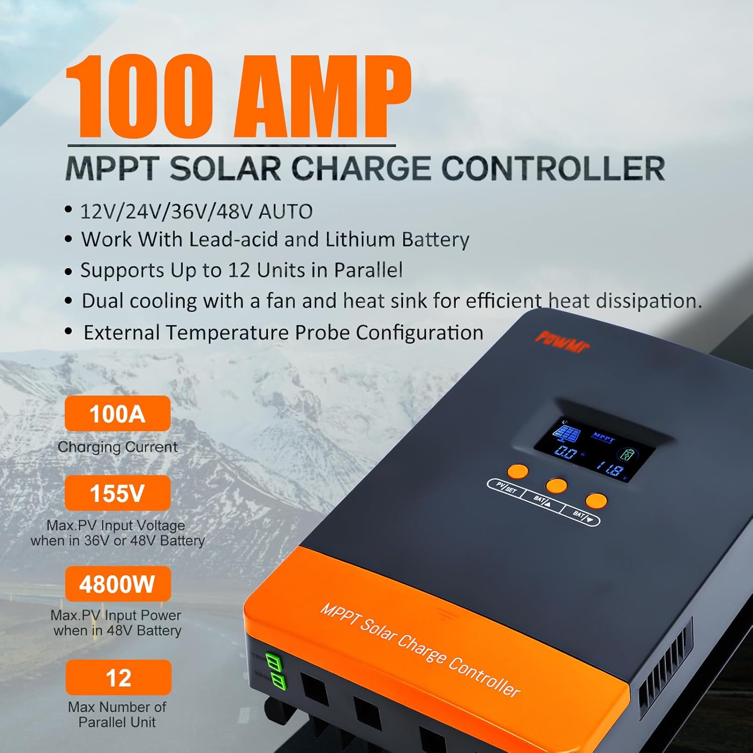 PowMr 100A MPPT Solar Charge Controller 12V/24V/48V | 12 Units Parallel Support | Dual Cooling Fan & Wide Voltage | Compatible with Lithium/Lead-Acid Batteries | Overload Protection