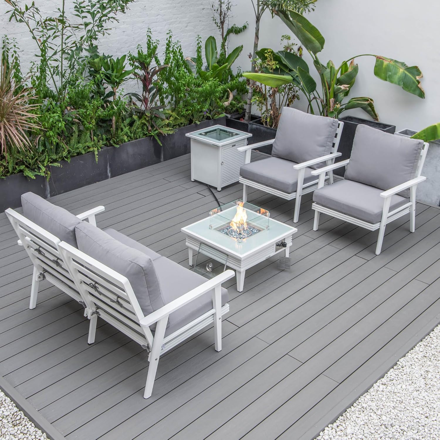 LeisureMod Walbrooke Modern Aluminum 5-Piece Patio Conversation Set with Outdoor Square Fire Pit Slats Design & Side Table Tank Holder, Grey