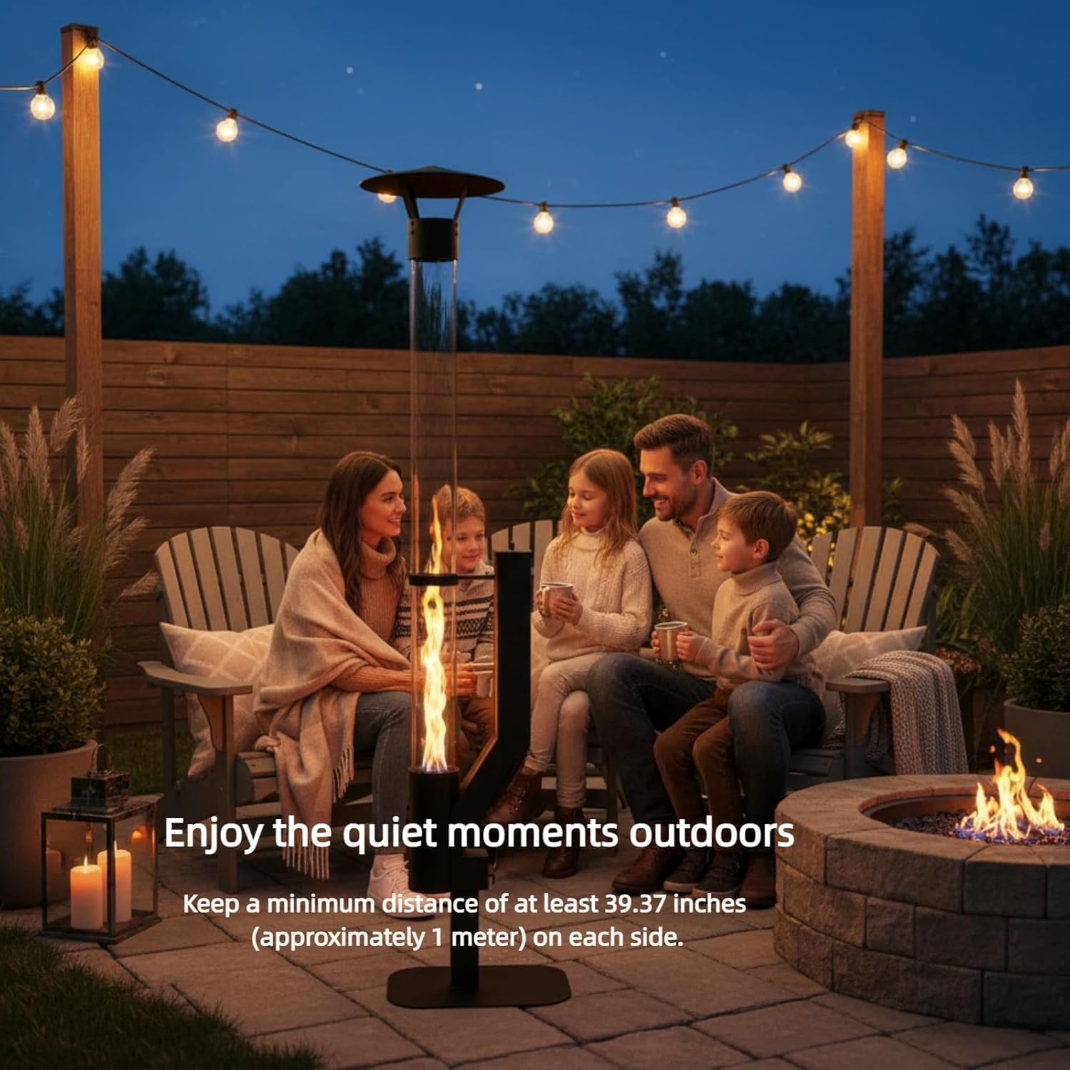 Wood Pellet Patio Heater with Spiral Swirling Flame Glass Tube, Anti-Tip Steel Base, Outdoor Fire Pit for Patio Garden Backyard, Stylish Design for Outdoor Heating & Ambiance (Black, Large)