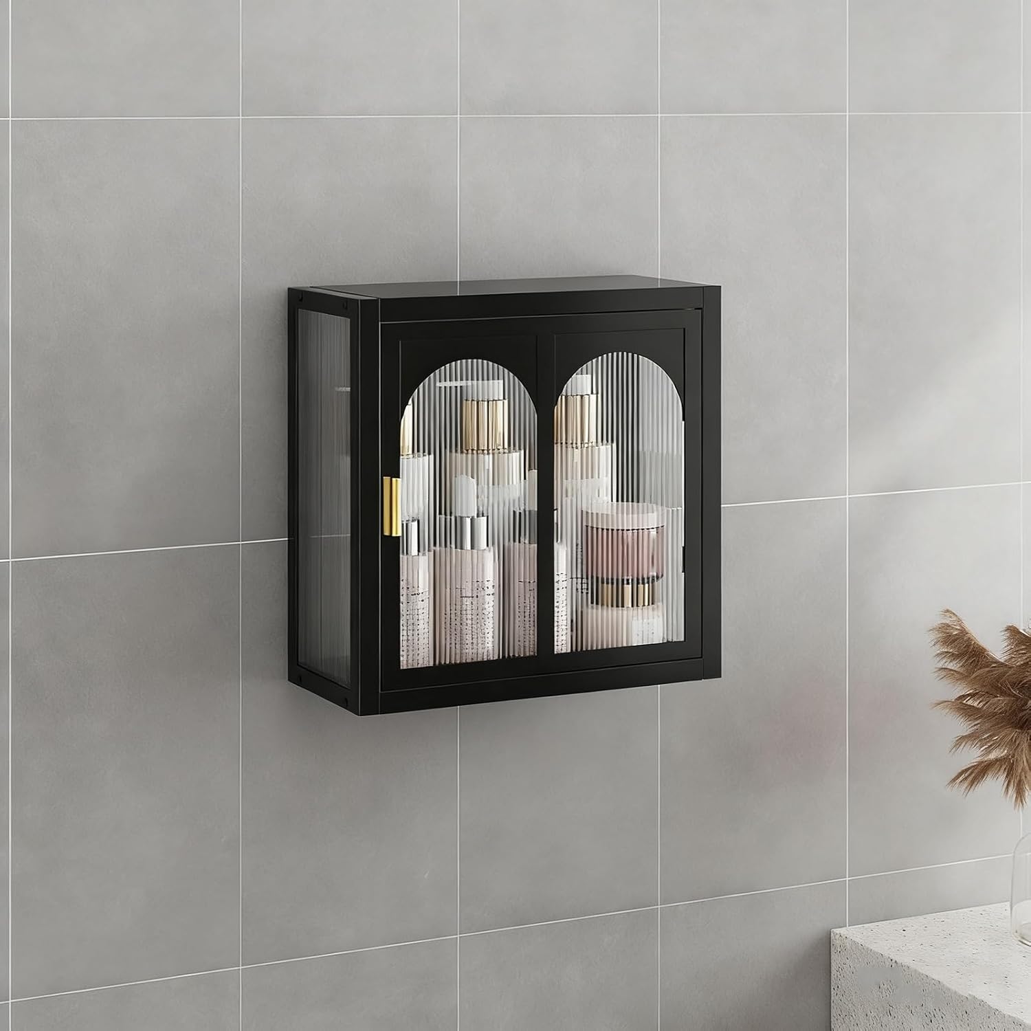 Corner Kitchen Wall Mounted Glass Display Cabinet Compact Bathroom Storage Cabinets Wall Mount with Door for Bedroom, Living Room, Bathroom, Kitchen(Black,30*14*34.5CM/11.8*5.5*13.6IN)