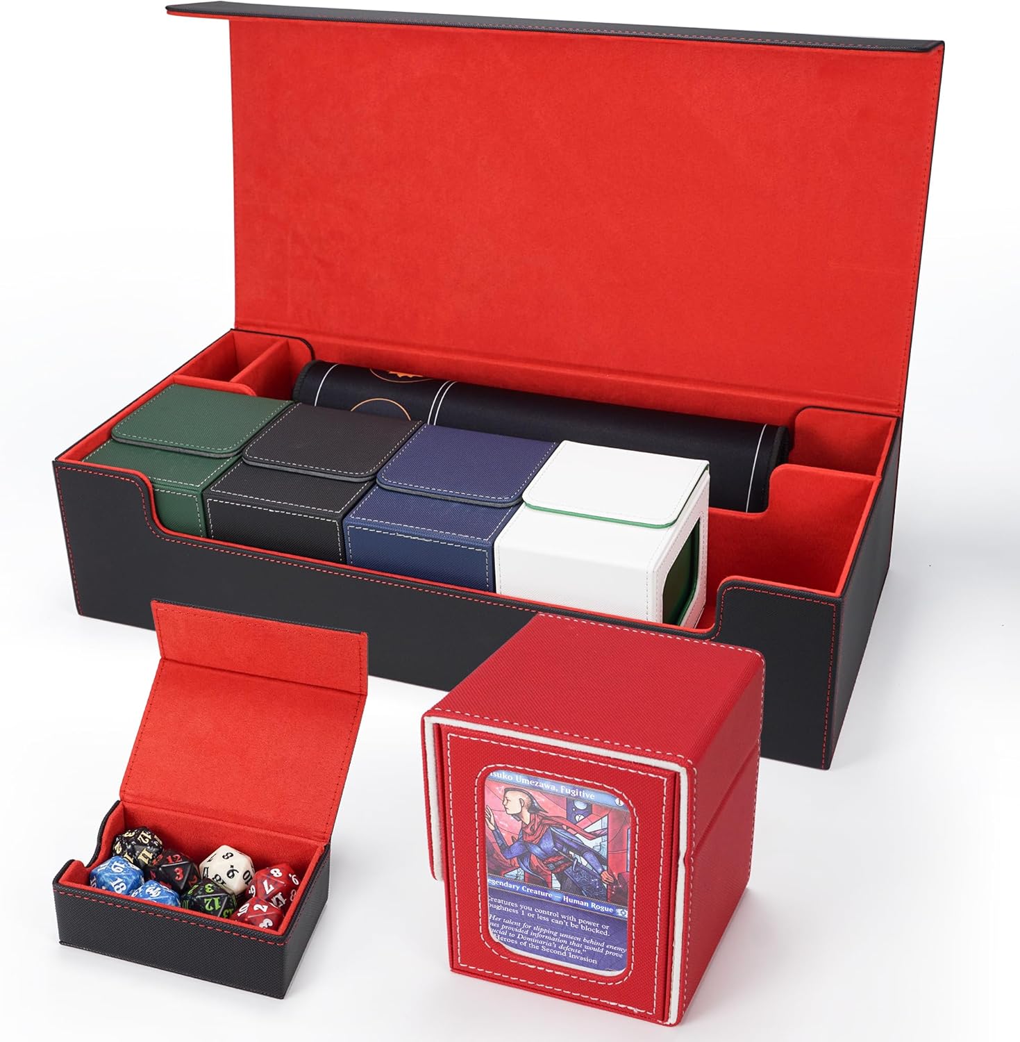 AFIING MTG Deck Box 6 In1 with MTG Playma,Premium Card Storage Box with 5 Pcs MTG Deck Box Holds 2400+ Trading Cards, Large TCG Card Deck Case for Magic Yugioh Sports Cards (Black&Red)
