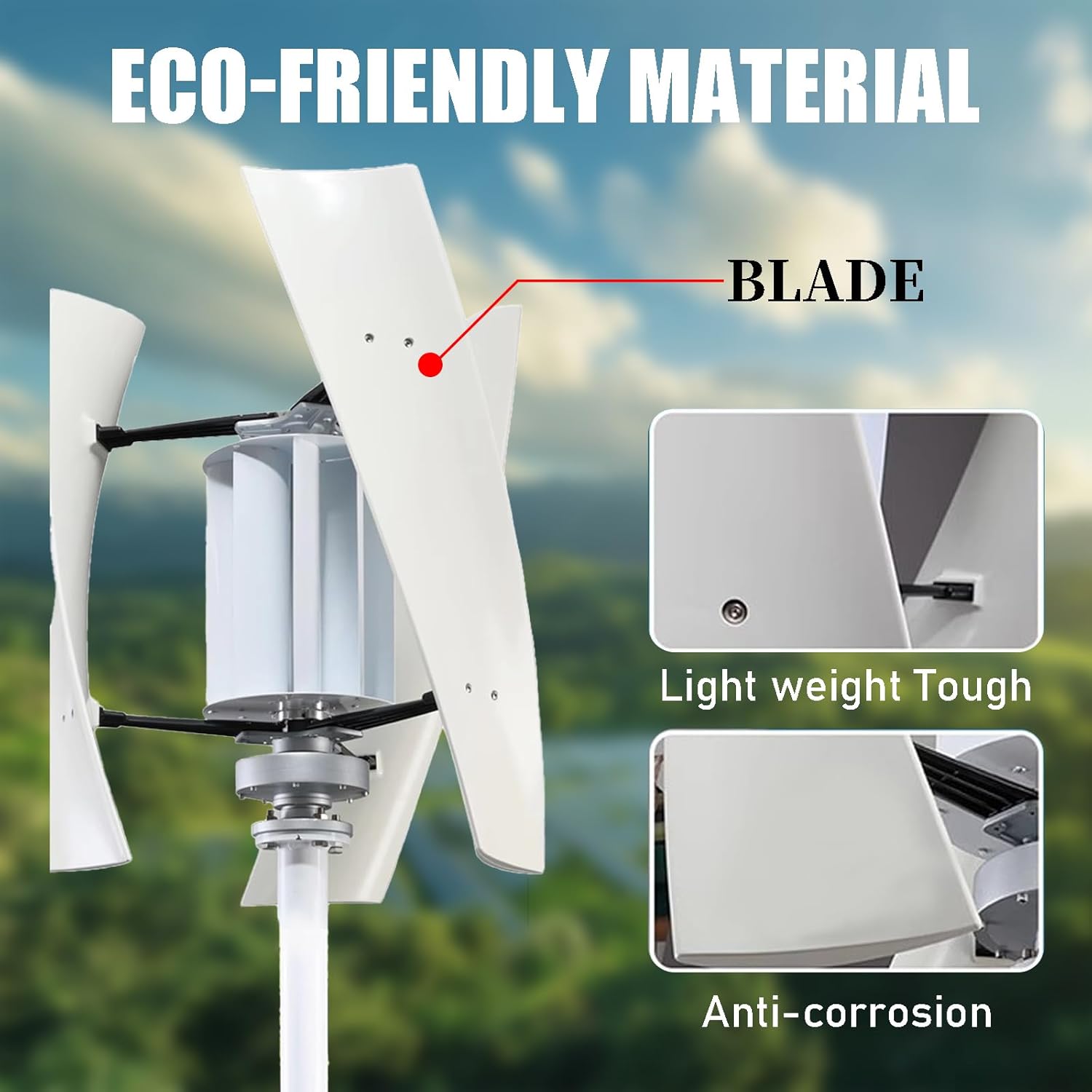 Vertical Axis Wind Turbine Generator 2000W with Controller for Home Street Lighting ，3 - Blades Helical Magnetic Levitation Shaft， Ideal for Home,RV，Factory, Street Lighting