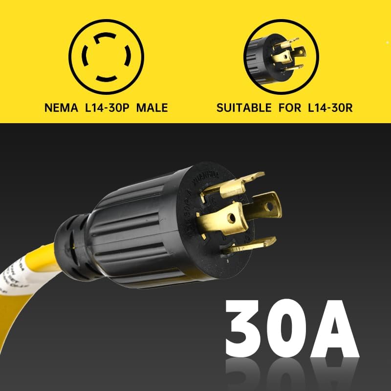 Locking Plug L14-30P to 4X 5-20R/5-15R Generator Adapter Extension Cord, 4 Prong 30 Amp to 110V,Twist Locking to 15 Amp/20 Amp Household Outlet, 125/250V 7500 Watts, ETL Listed (25FT)