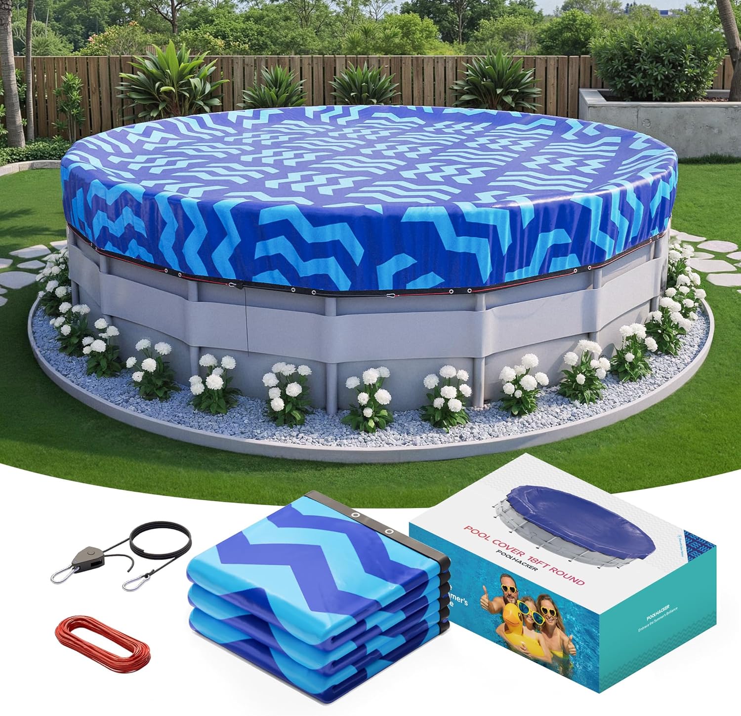 POOLHACKER【2025 Upgrade】 24 ft Winter Pool Cover - 24ft Round Above Ground, 4 Foot Overlap Extra Thick 420D Pool Cover with Pulley and Cable (Cerulean)
