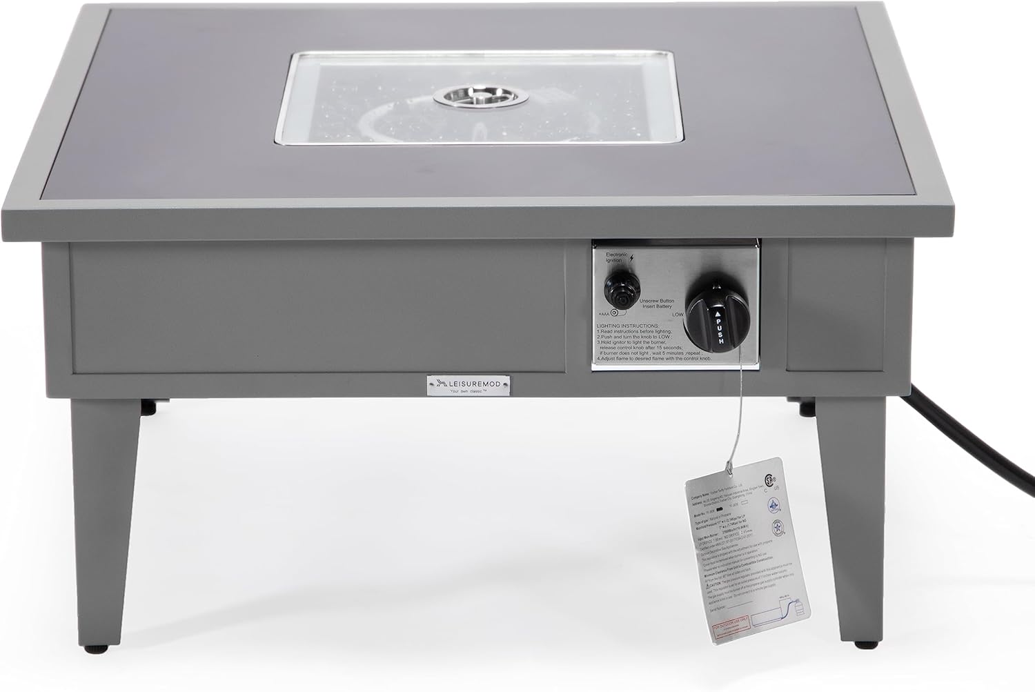 LeisureMod Walbrooke Modern Outdoor Square Fire Pit Table with Powder-Coated Aluminum Frame for Patio and Backyard Garden, Grey