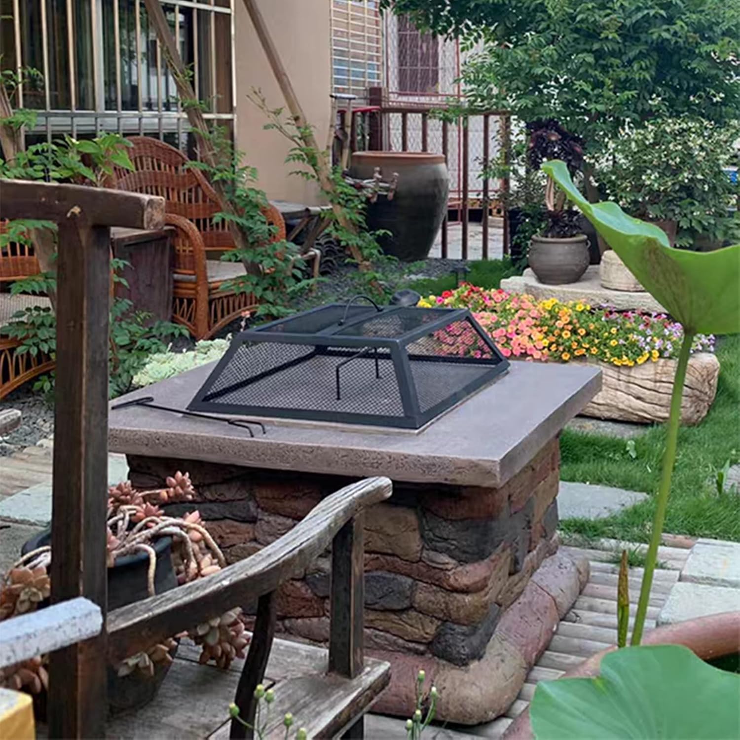 Fire Pit Table Set w/Spark Screen, Fireplace Poker, Grill Grate, Outdoor Wood Burning Bonfire Firebowl, for Patio,Backyard,Garden,Beach,Camping,Picnic