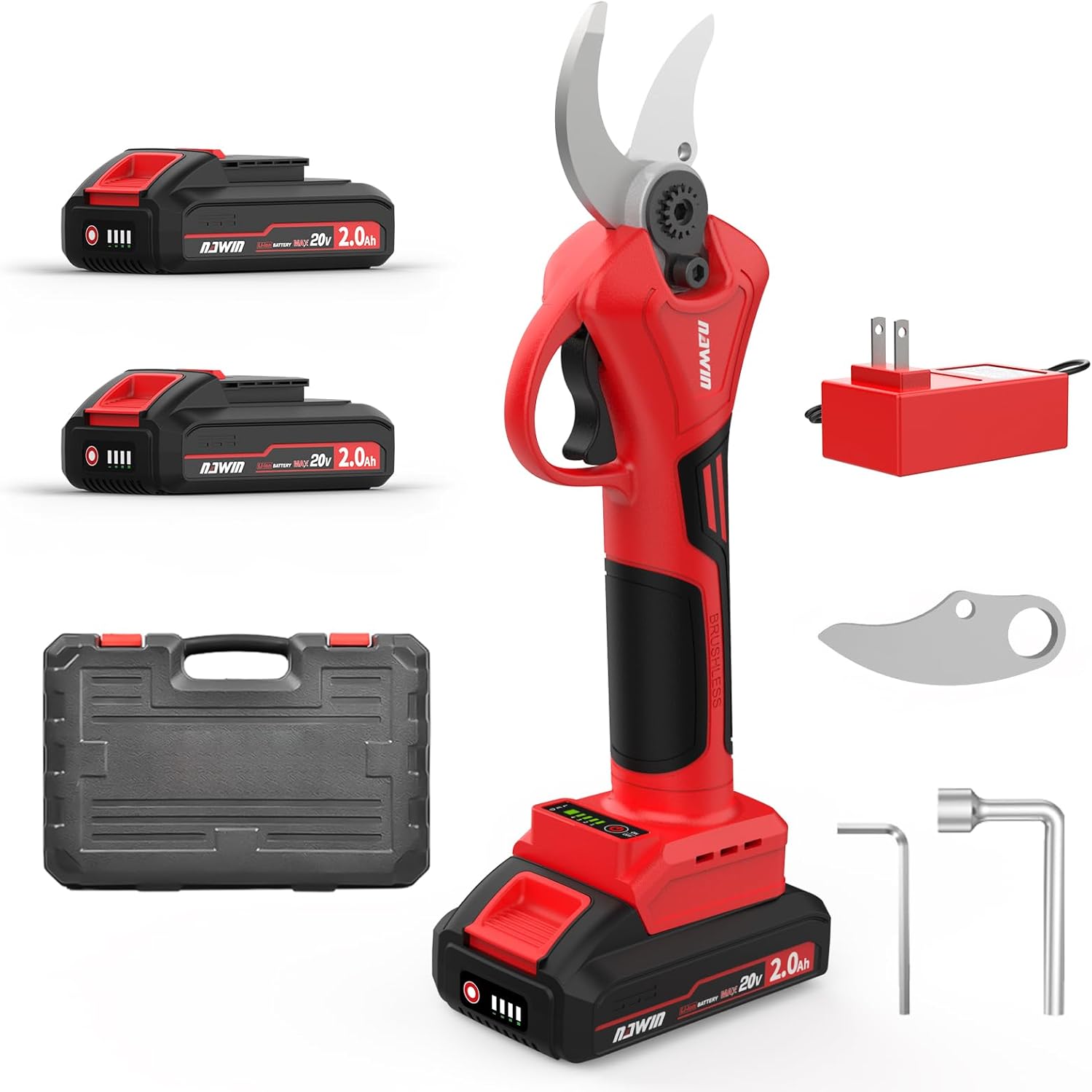 NAWIN Electric Pruning Shears, 40mm 1.6'' Cutting Diameter Professional Cordless Electric Pruner for Tree Trimming Branch Cutter, With 2pcs 2.0Ah Batteries, Brushless Motor, Electric Garden Shears