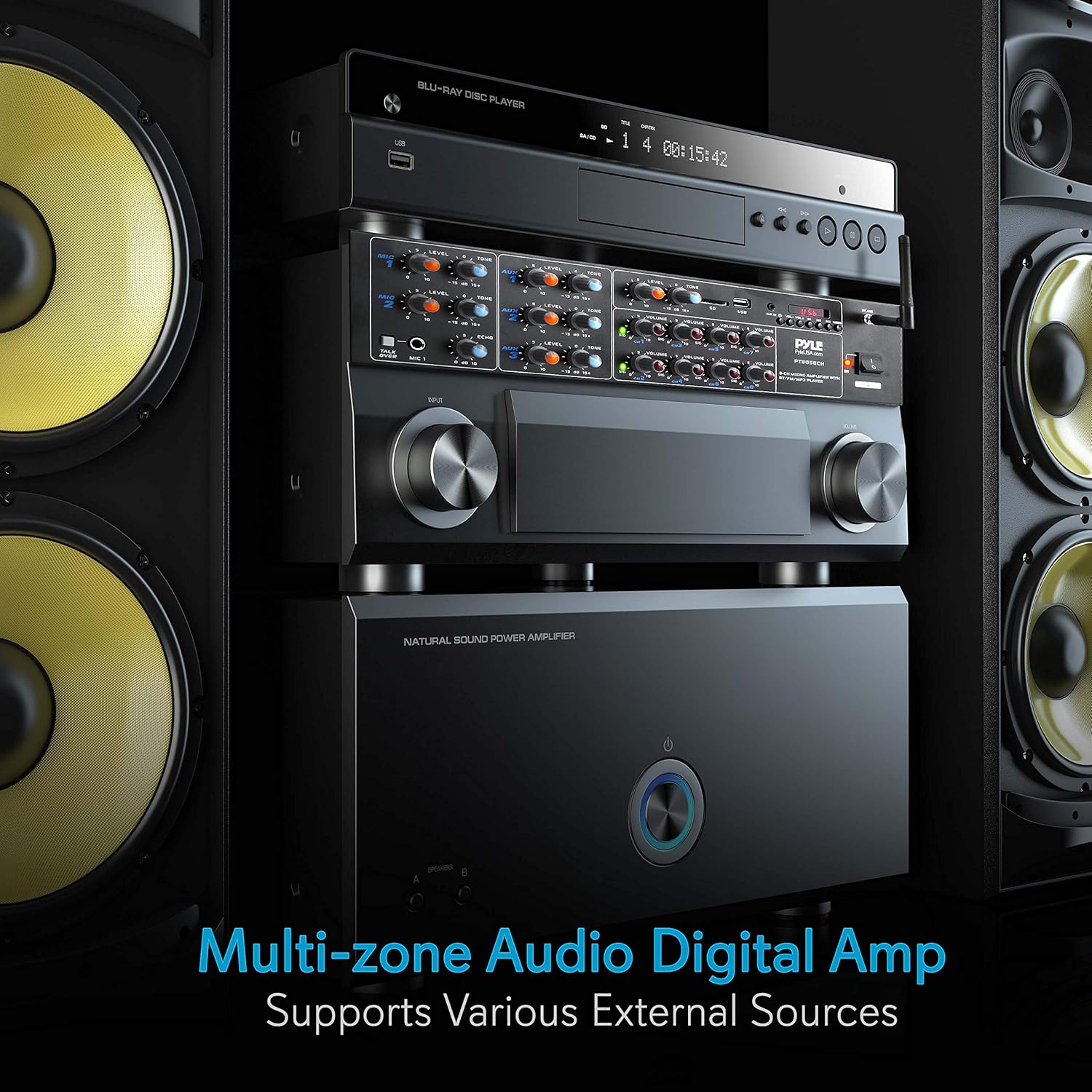 Pyle 8-Channel Wireless Bluetooth Power Amplifier - 4000W Rack Mount Multi Zone Sound Mixer Audio Home Stereo Receiver Box System w/ RCA, USB, AUX - For Speaker, PA, Theater, Studio/Stage - PT8050CH