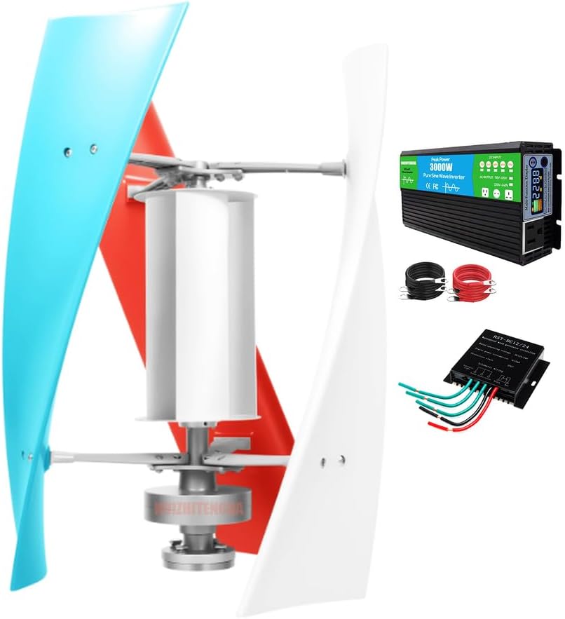 Noiseless Wind Turbine Generator, 3 Blades 12V 24V 48V 220V Windmills Kits with MPPT Controller and Power Inverter Suitable for Camping and Courtyards(3000W)
