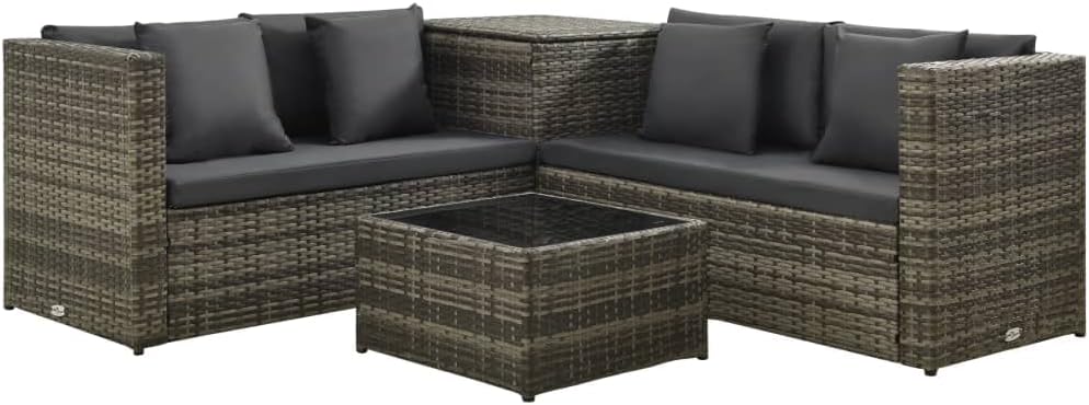 4 Piece Patio Lounge Set with Cushions Poly Rattan Gray,AllWeather Poly Rattan Lounge Set with Storage Chest for Garden and Patio Patio Furniture Sets, Outdoor Furniture Sets