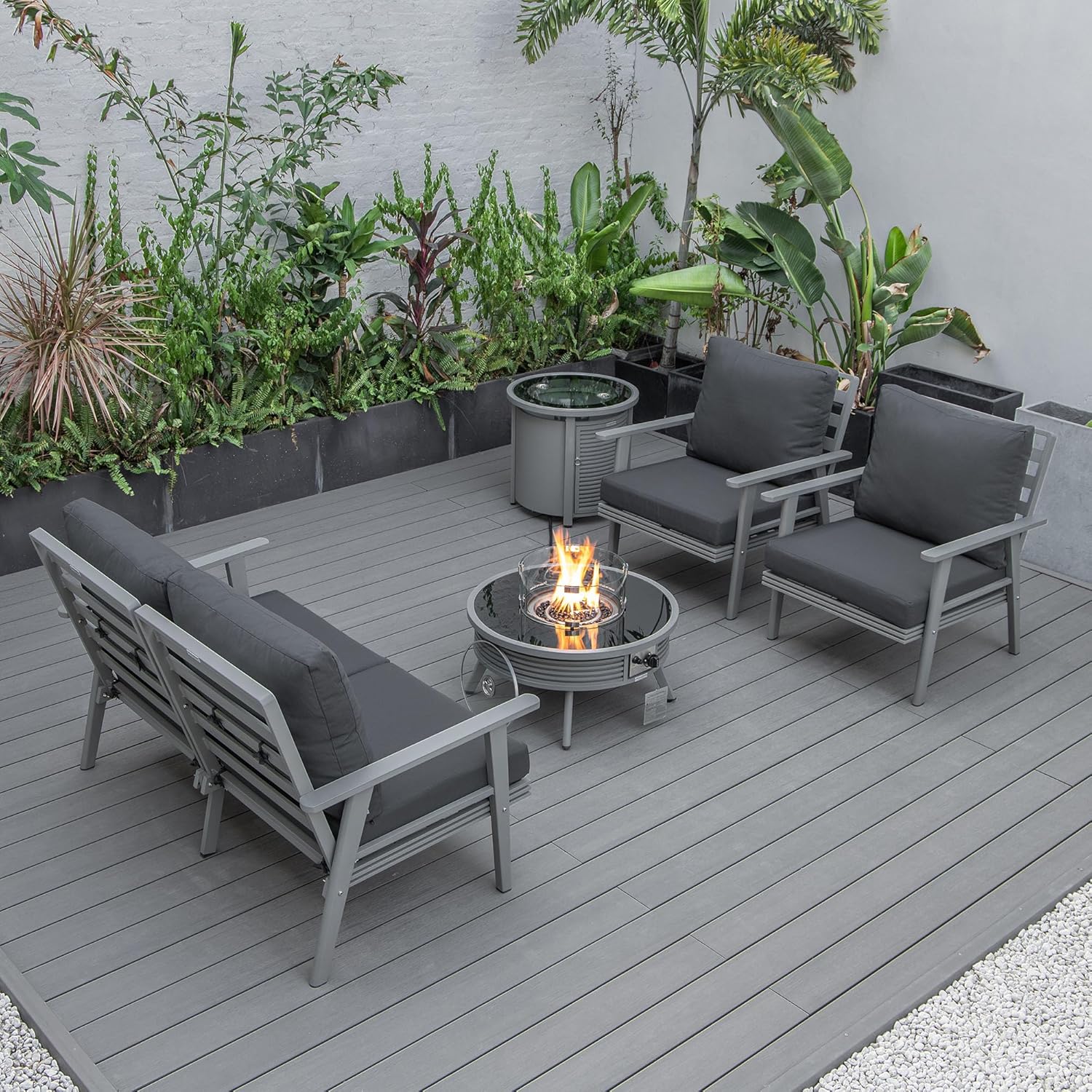 LeisureMod Walbrooke Modern Aluminum 5-Piece Patio Conversation Set with Outdoor Round Fire Pit Slats Design & Side Table Tank Holder, Charcoal