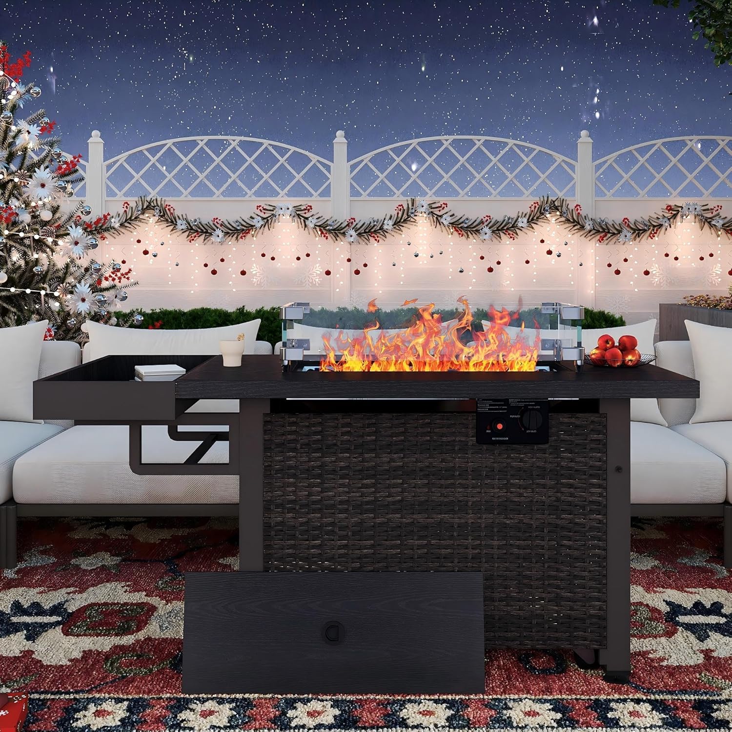 Sundale Outdoor 52 Inch Outdoor Fire Pit Table, 50,000 BTU Propane Fire Pits with Storage Shelf, Glass Wind Guard and Lid, Wicker Patio Gas Fire Pit for Outside Patio and Garden, CSA-Listed(Brown)