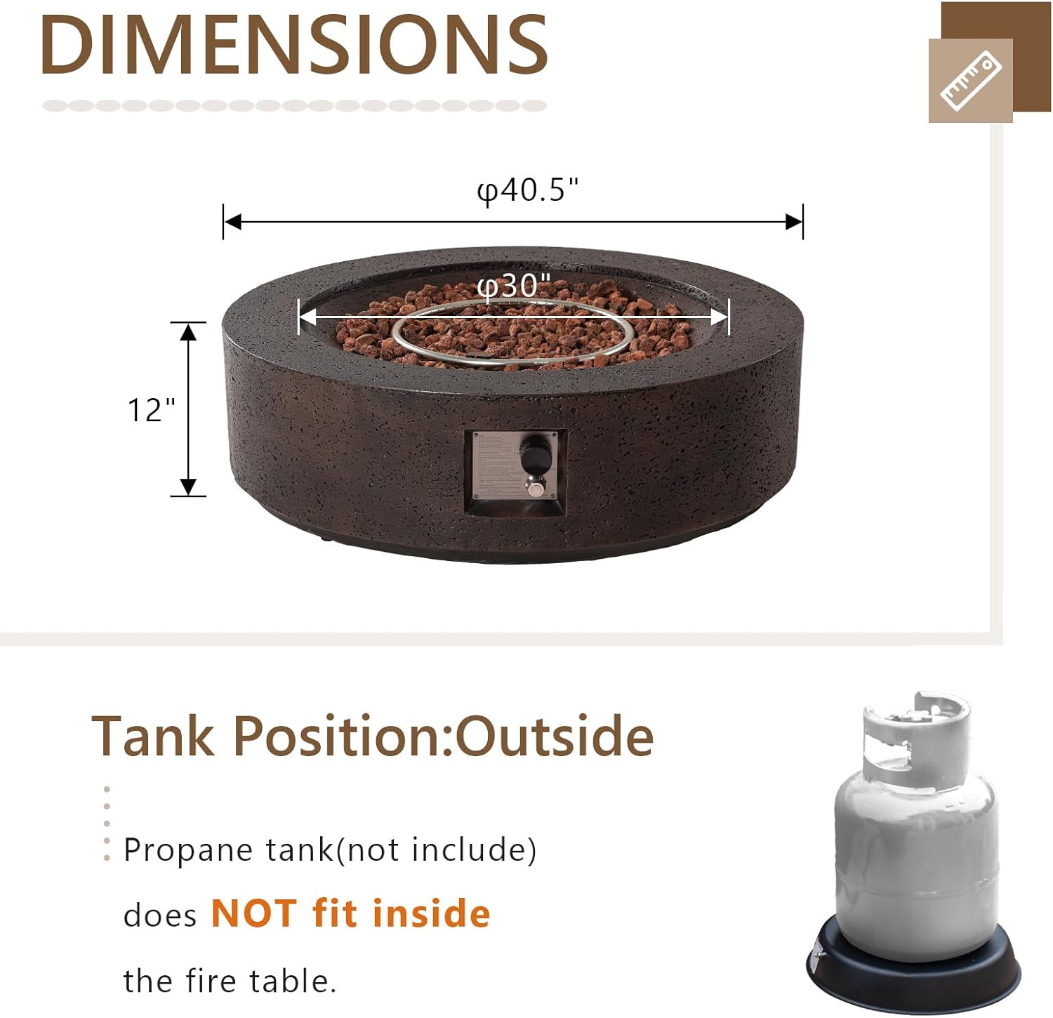 SUNBURY 42 inches Round Propane Outdoor Fire Pit, Gas Patio Fire Table 50,000 BTU Concrete Travertine Design, Circular Base Firepit with Lava Rocks, Waterproof Cover (Brown)